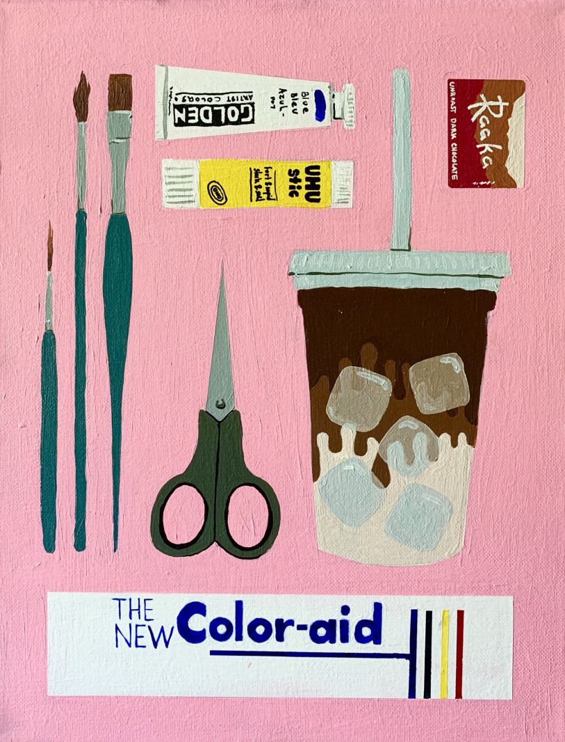 A painting of paint brushes, paints, scissors, glue stick, dark chocolate, iced coffee, and a color-aid on a bright pink background