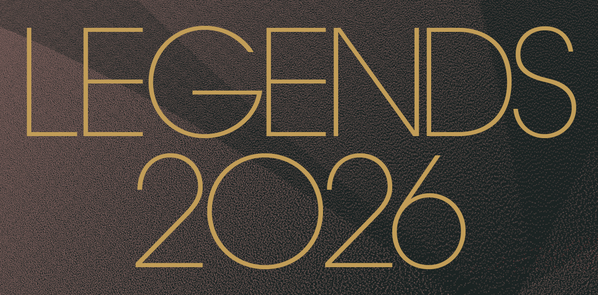 Text in a stylish font reads "LEGENDS 2026" against a textured dark background. The text is gold, adding a touch of elegance to the design.