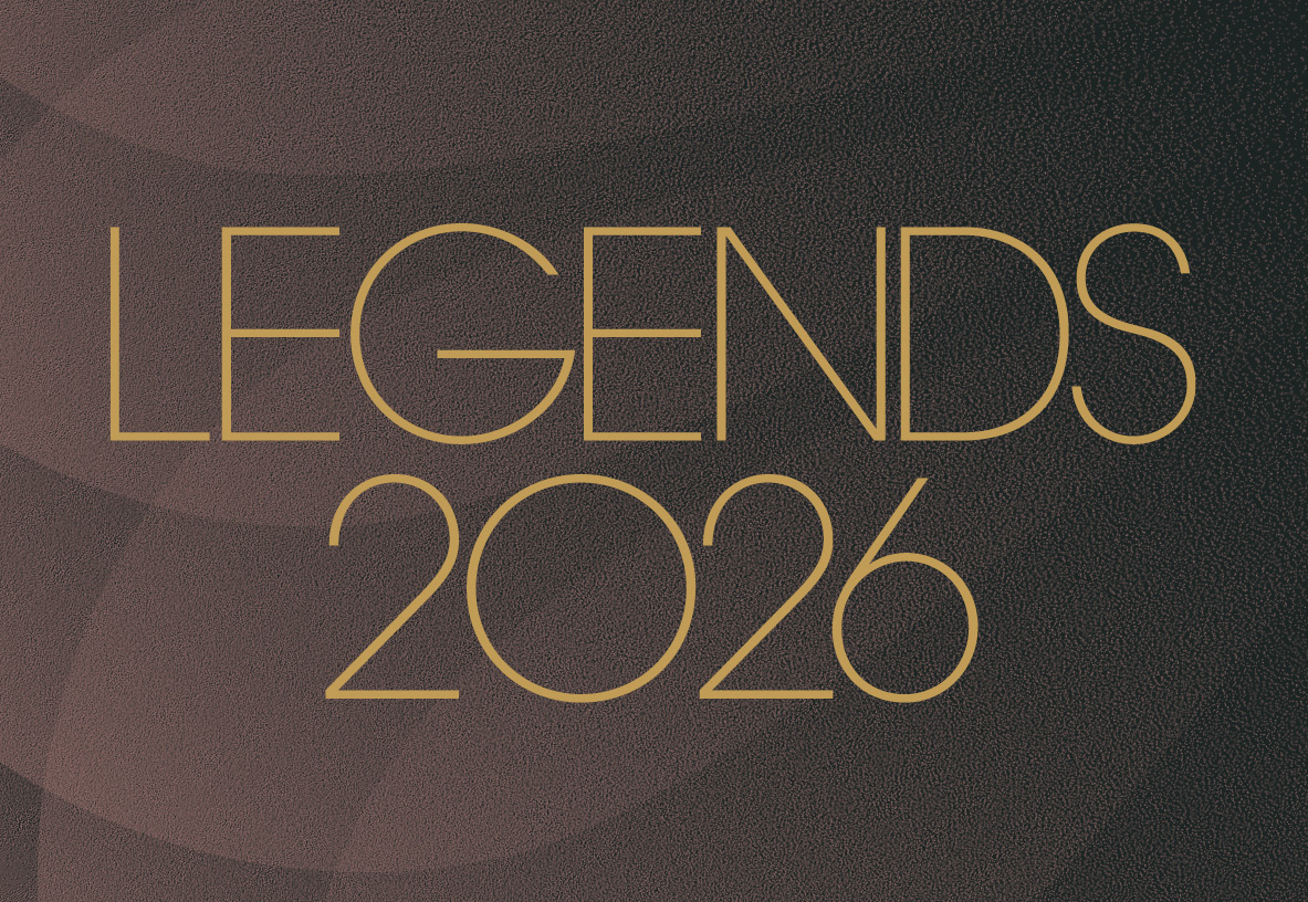 Text in a stylish font reads "LEGENDS 2026" against a textured dark background. The text is gold, adding a touch of elegance to the design.