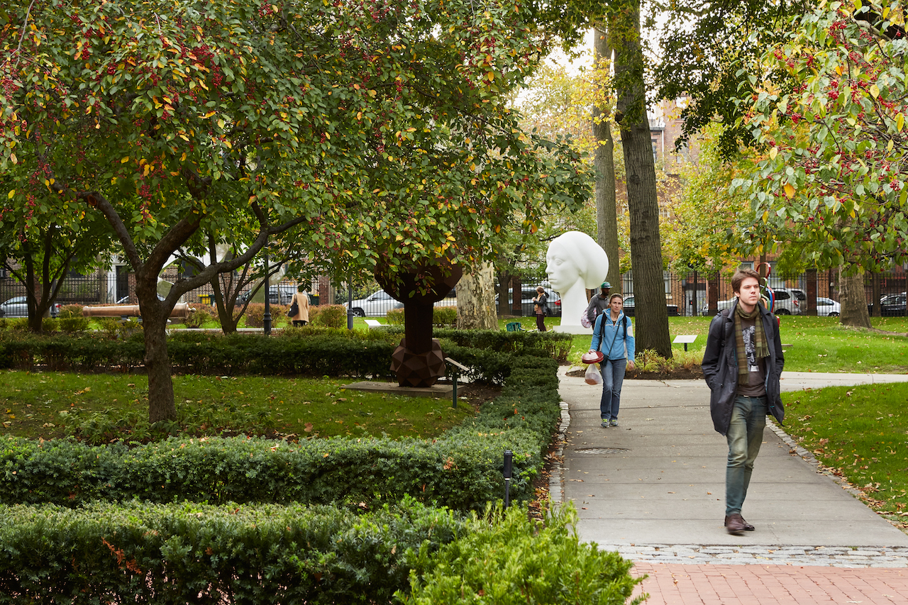 pratt campus quadrangle garden, depicting bushes that make way for trees and a concrete walkway