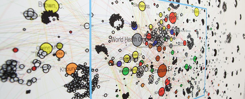 A network graphic connecting colored nodes of various sizes with colored lines.