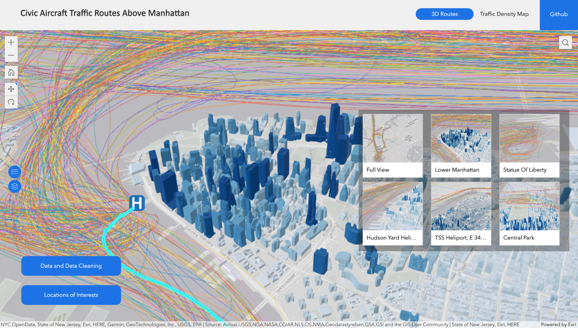 visualization of manhattan in 3D with route lines shown in the rendering, buttons for different views of visualization