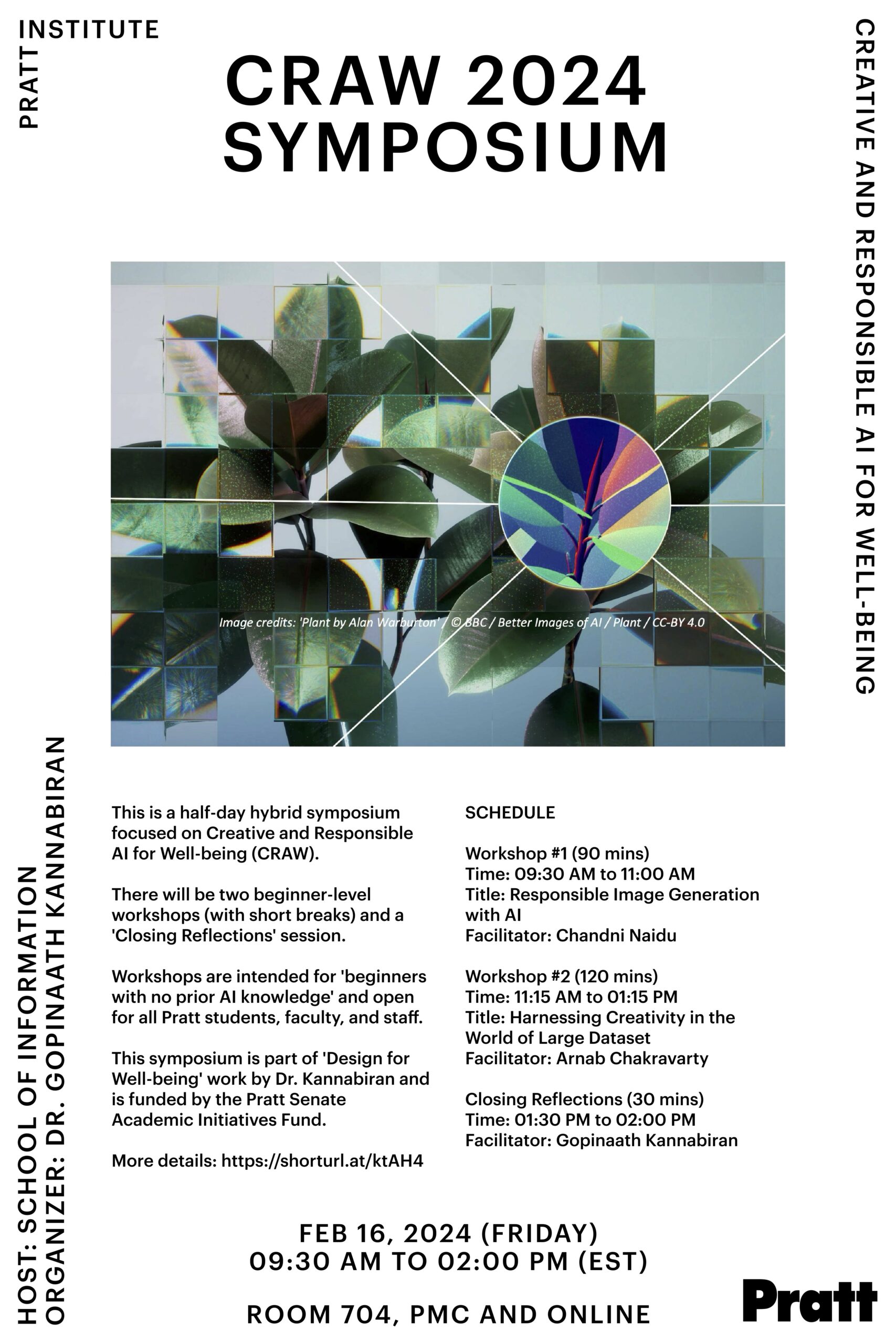 Event poster with event details, and an image of a plant as seen from behind small square glass panels