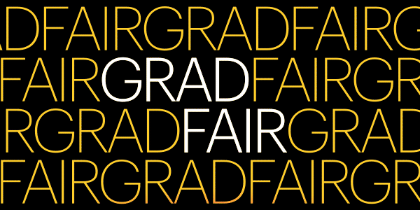 Graphic with a black background featuring repeated overlapping text reading “GRADFAIR” in large, thin sans-serif letters. The words are arranged in a grid-like pattern, with alternating colors including yellow and white, creating a layered typographic design.
