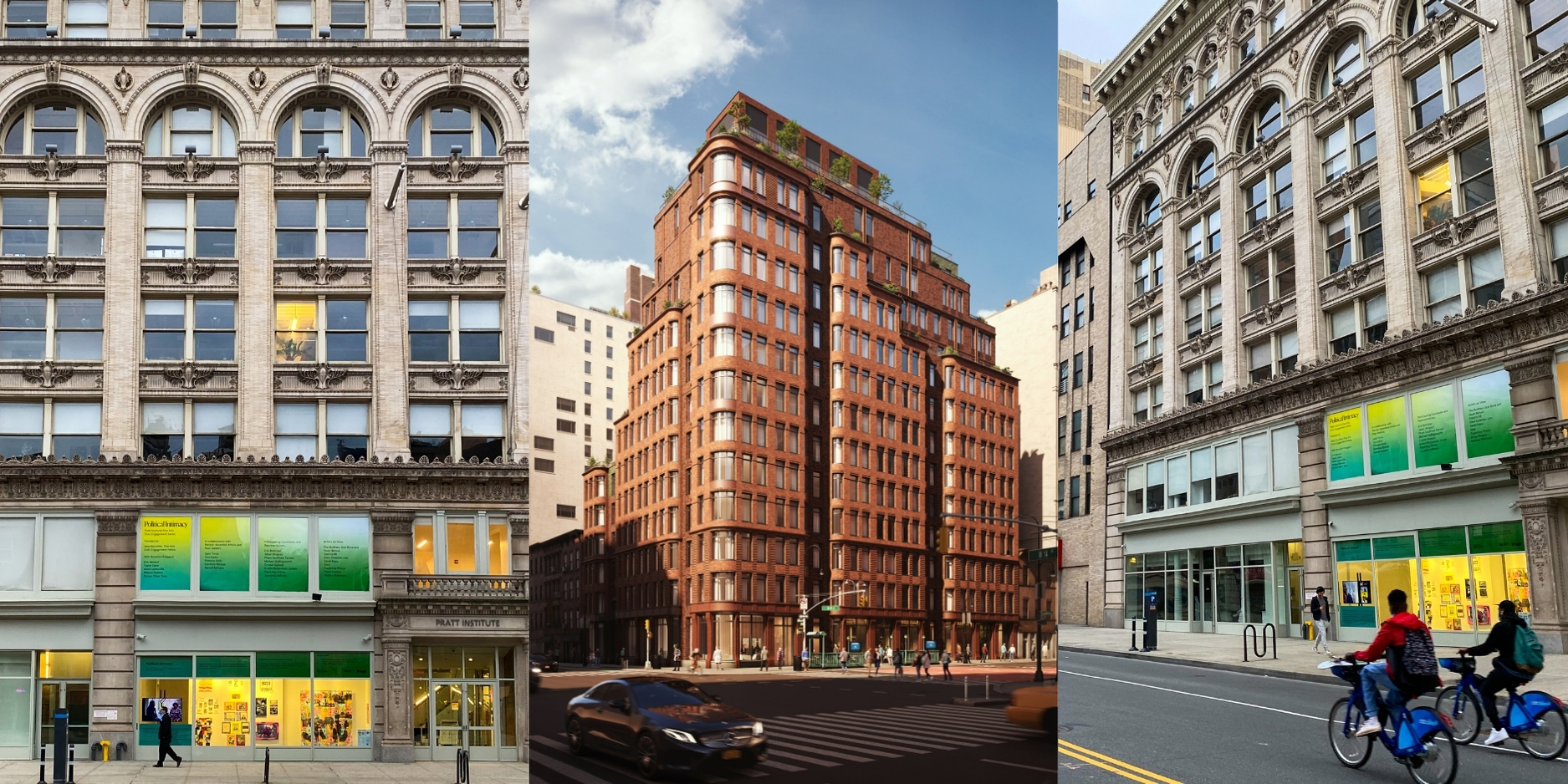 Composite image showing three views of a Pratt Institute storefront activation. Left and right panels display the existing historic facade with large street-level windows featuring green exhibition graphics and the Pratt Institute entrance. The center panel presents a rendering of a proposed red-brick corner building with ground-floor retail and upper residential levels, illustrating a potential redevelopment concept within the surrounding urban streetscape.