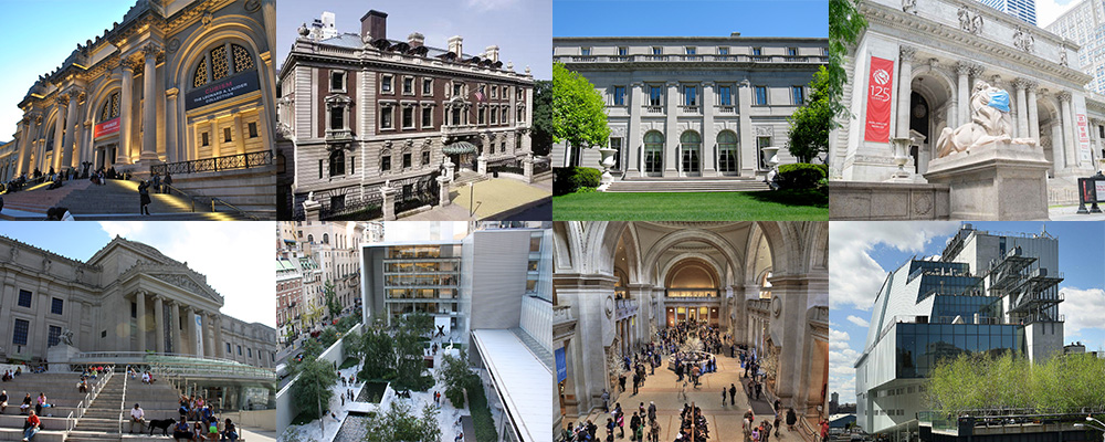 Various New York City museums, in a 4 by 4 grid. Pictures included The Met, The Whitney Museum, and more