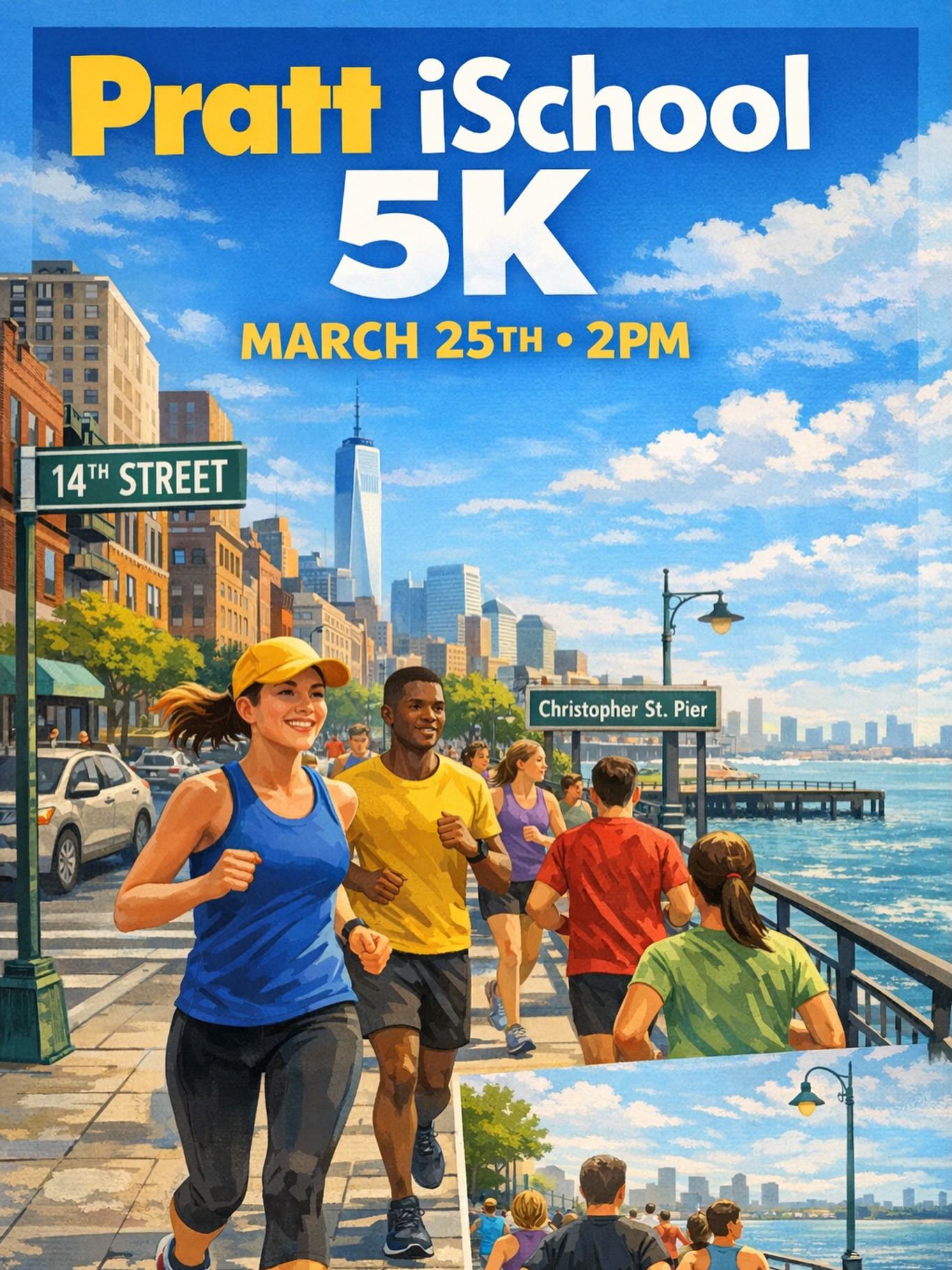 The School of Information Health & Wellness Committee is organizing the first ever Pratt iSchool 5K on Wednesday, March 25th at 2pm. The run will start at PMC, take you a run down 14th St and Hudson River Park, loop around the Christopher St Pier, and finish back at PMC. The top three runners get a trophy and serious bragging rights. Walkers welcomed too!  Link available in our bio to register.

Image: Flyer with geographic oddities created by ai.pratt.edu
