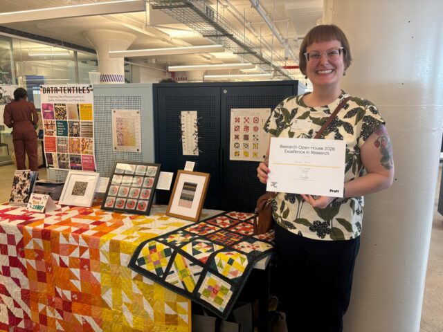 Photos from this year's Research Open House!  And congrats to Prof. Nancy Smith who won the Excellence in Research Award! 

Data Textiles: Exploring Data Physicalization in Quilts, Embroidery, and Fiber Arts
Nancy Smith, Associate Professor

Decoding Mental Health Conversations with GenAI
Irene Lopatovska, Professor
Marc Lobo, Graduate Student

Exploring Student Use of Generative AI Tools in Prototyping Physical Computing Projects
Monica Maceli, Associate Professor

The Migrant Mortality Mapping Portal Project (M3P2) – A Humanitarian Data-Provision Project in Process
Rachel Daniell, Visiting Assistant Professor

National Gentrification Intensity Map
John Lauerman, Associate Professor
Alice Viggiani, Graduate Student
Emely Perkins, Graduate Student

Product Architecture Method: Architectural Thinking for Digital Product Design
Hasan Hachem, Visiting Assistant Professor

Regulation-Informed Design: Developing Ways to Integrate Legal Knowledge into UX Practices
Sai Shruthi Chivukula, Assistant Professor
Kirsten Segeren, Graduate Student
Maanya Agarwal, Graduate Student

Value Lanes: Toolkit to Build Ethical Argumentation in Design Students
Sai Shruthi Chivukula, Assistant Professor
Aayushi Bharadwaj, Graduate Student
Xin Jiang, Graduate Student

Exploring MohenjoDaro in Virtual Reality
Jack Young, Researcher
Uzma Rizvi, Professor (SLAS)
Jacob Welch, Graduate student

Museum Accession Cards in Mohenjo-Daro: Archives, Labor, and Decolonial Practice
Sophia Trifoli, Graduate Student
Uzma Rizvi, Professor

Course-Based Civic Engagement at Pratt
Michael Kelly, Adjunct Professor
Irine Le, Graduate Student
Ewa Miano, Undergraduate Student