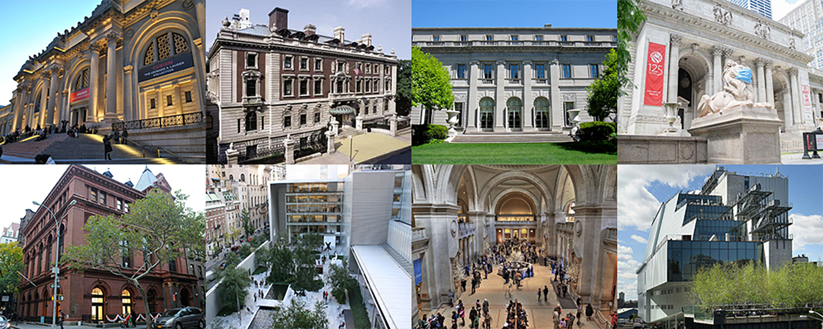 Various New York City museums, in a 4 by 4 grid. Pictures included The Met, The Whitney Museum, and more