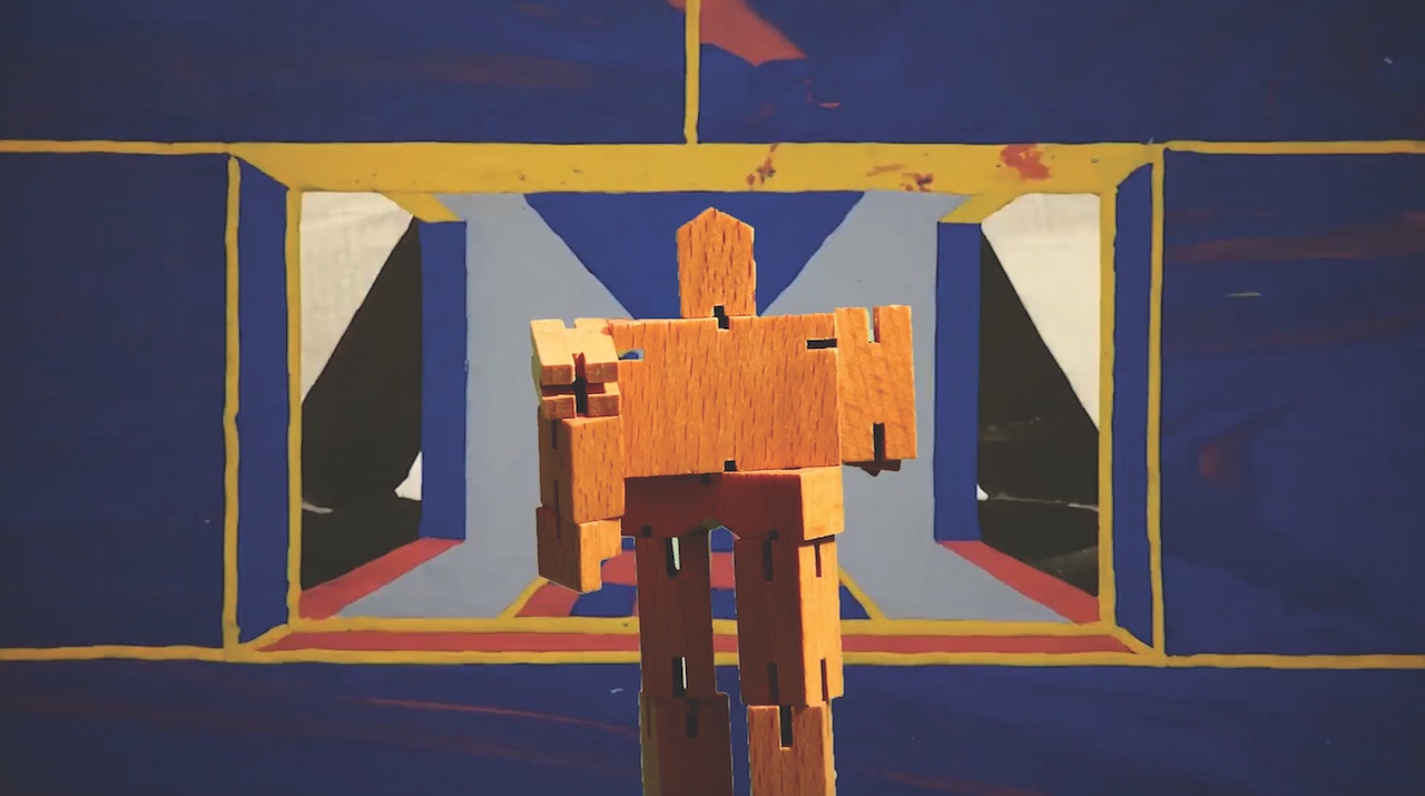 artwork, painting of wood blocks arranged to stand on each other