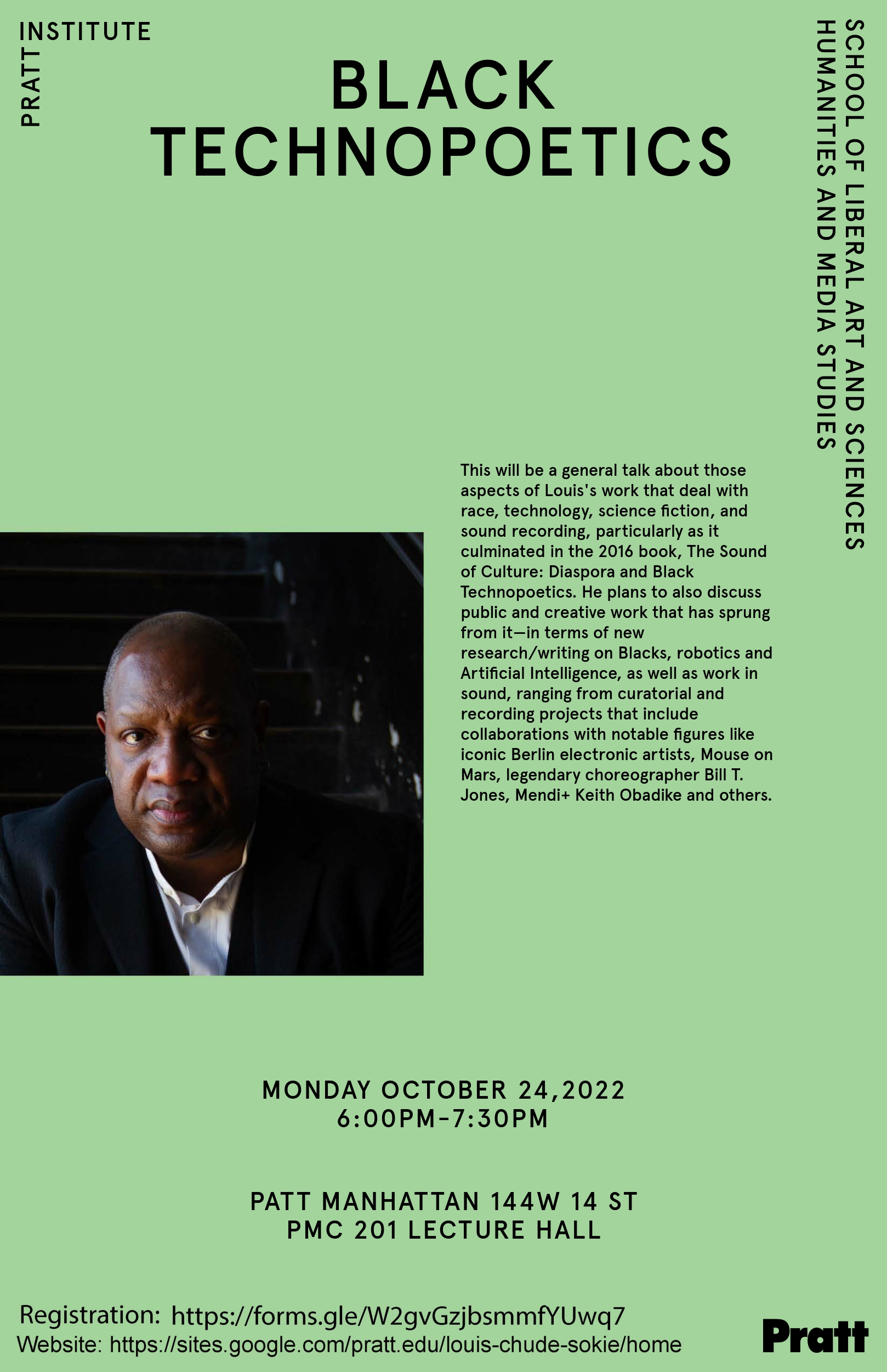 Poster with the photo portrait of a man with a green background. There is information on the Black Technopoetics event on October 24, 2022