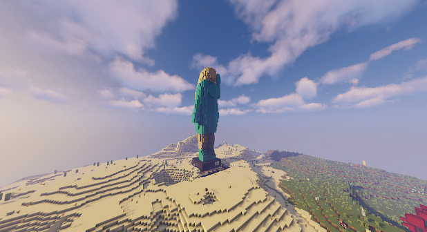 Digitally rendered blocky topographical landscape with statue in teal dress and boots on hilltop looking out at a blue sky with wispy clouds