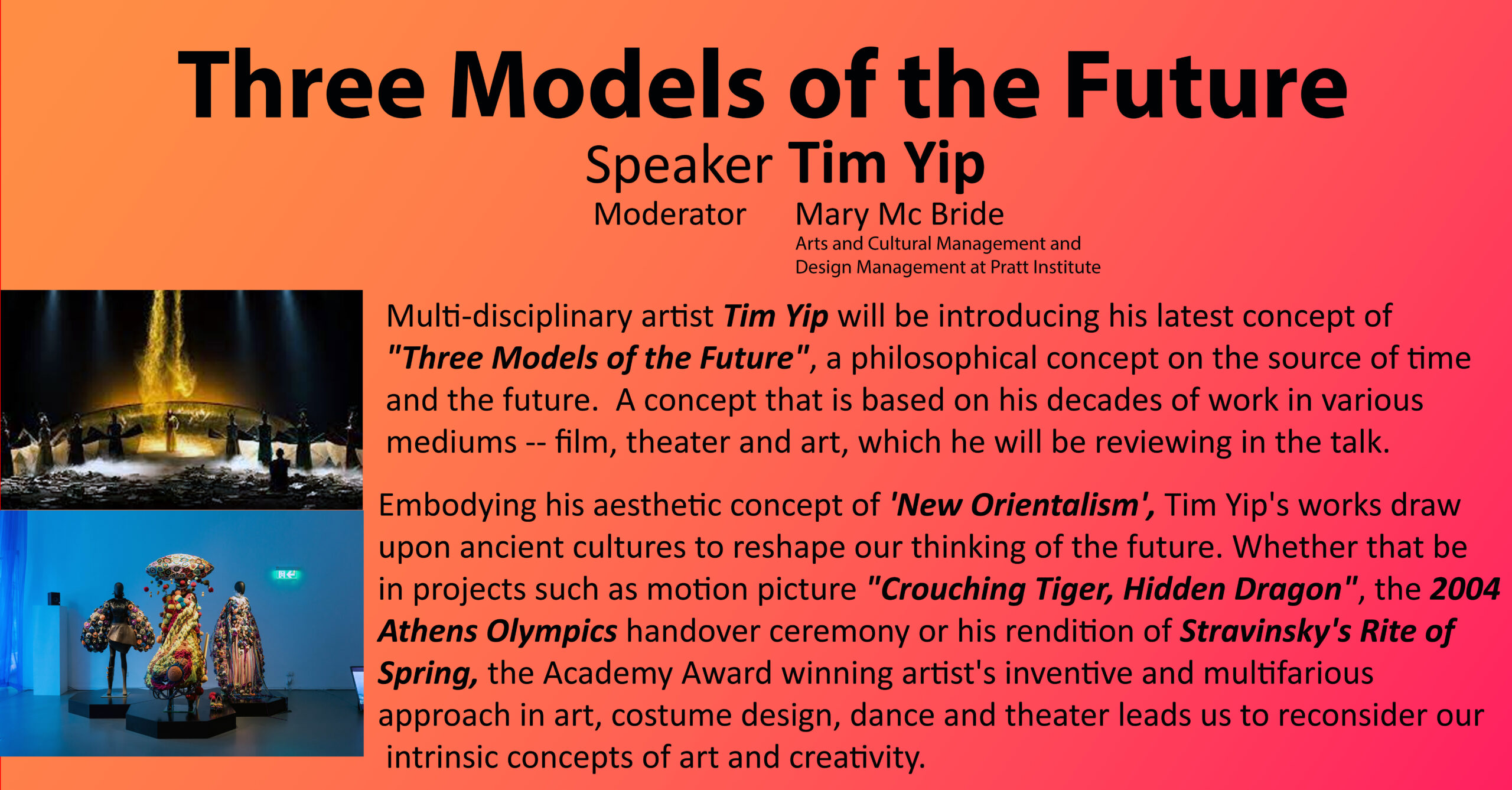 Poster for the Three Models of the Future event. It was two images on the left and a gradient background.