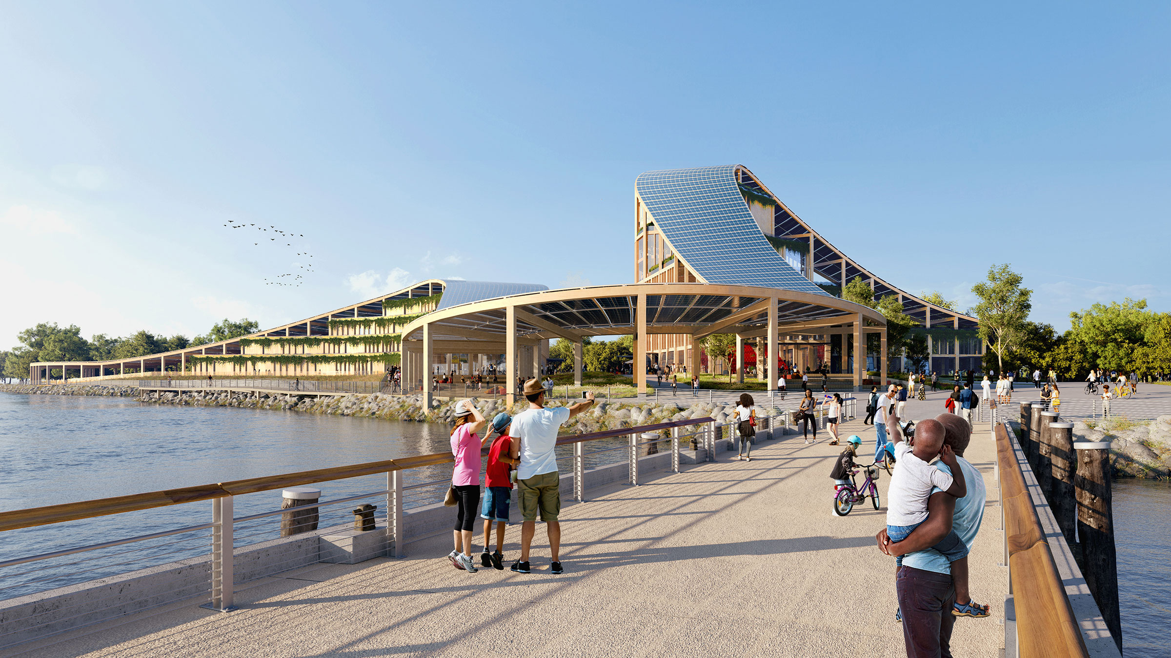 Renovated Yankee Pier leading toward a new public plaza and new mass timber academic and research buildings at the Exchange (Credit: Skidmore, Owings & Merrill)