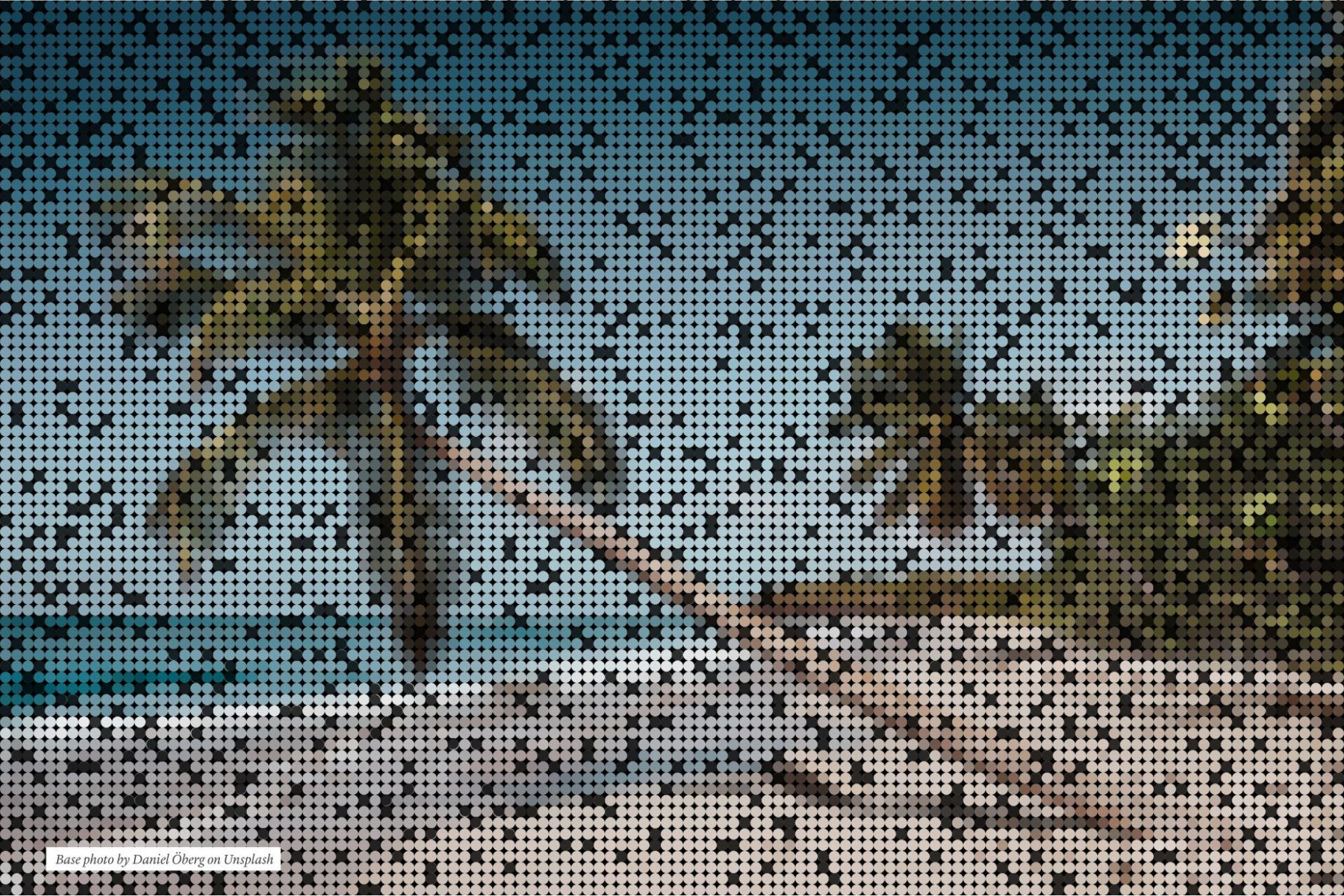 pixelated view of a beachfront, with two wind-slanted palm trees and vegetation in the distance, with black squares representing broken pixels
