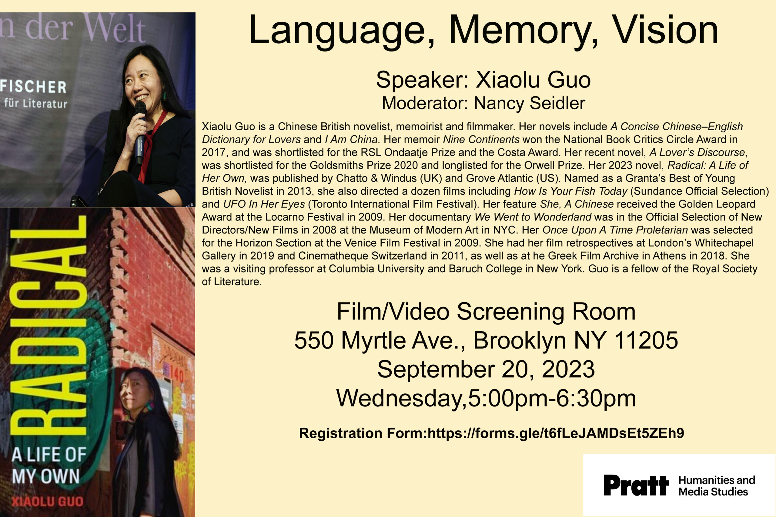 Poster for the Language, Memorie, Vision presentation by Xiaolu Guo. The poster has a yellow backdrop and three images vertically aligned to the left of the text