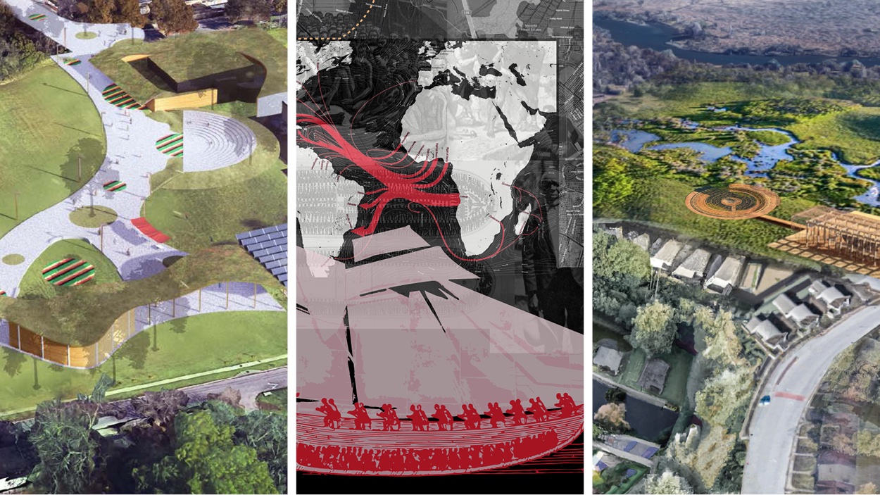 three images, side by side, of various aerial shots of an architectural structure