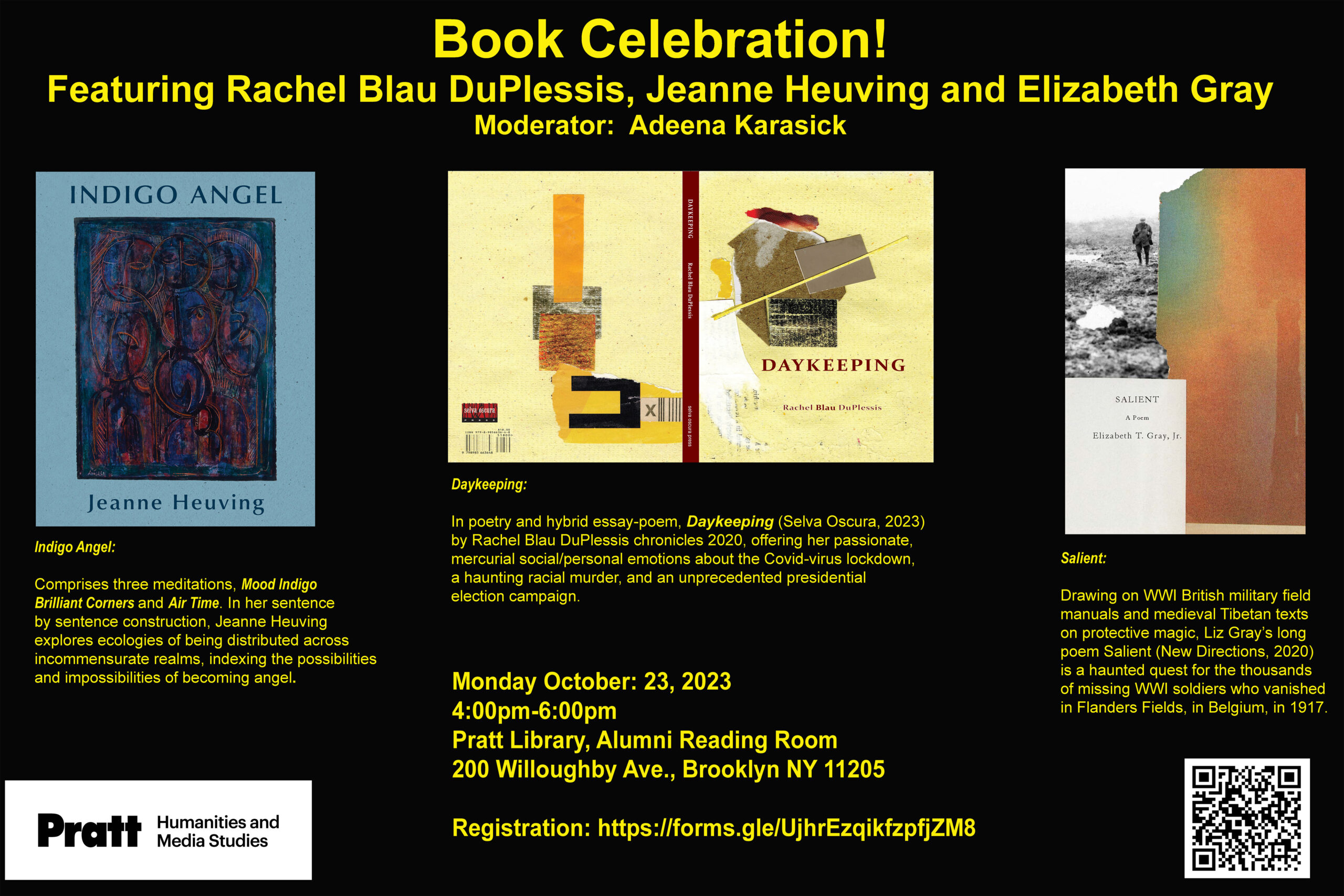 The image is the poster of the event, informs of the event details, a brief description of the three books and their authors.