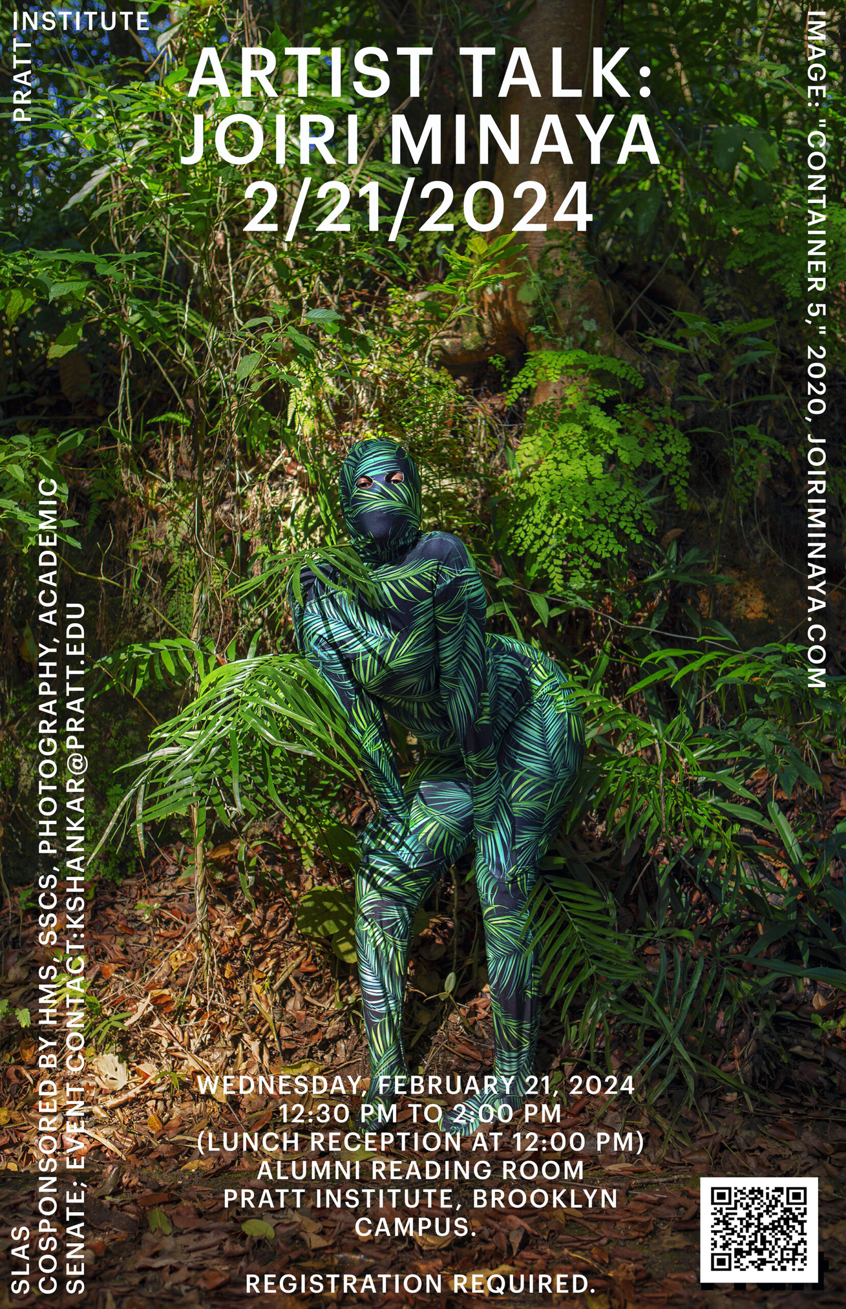 Image of a woman hiding among the trees, wearing a bodysuit with leaves pattern all over.