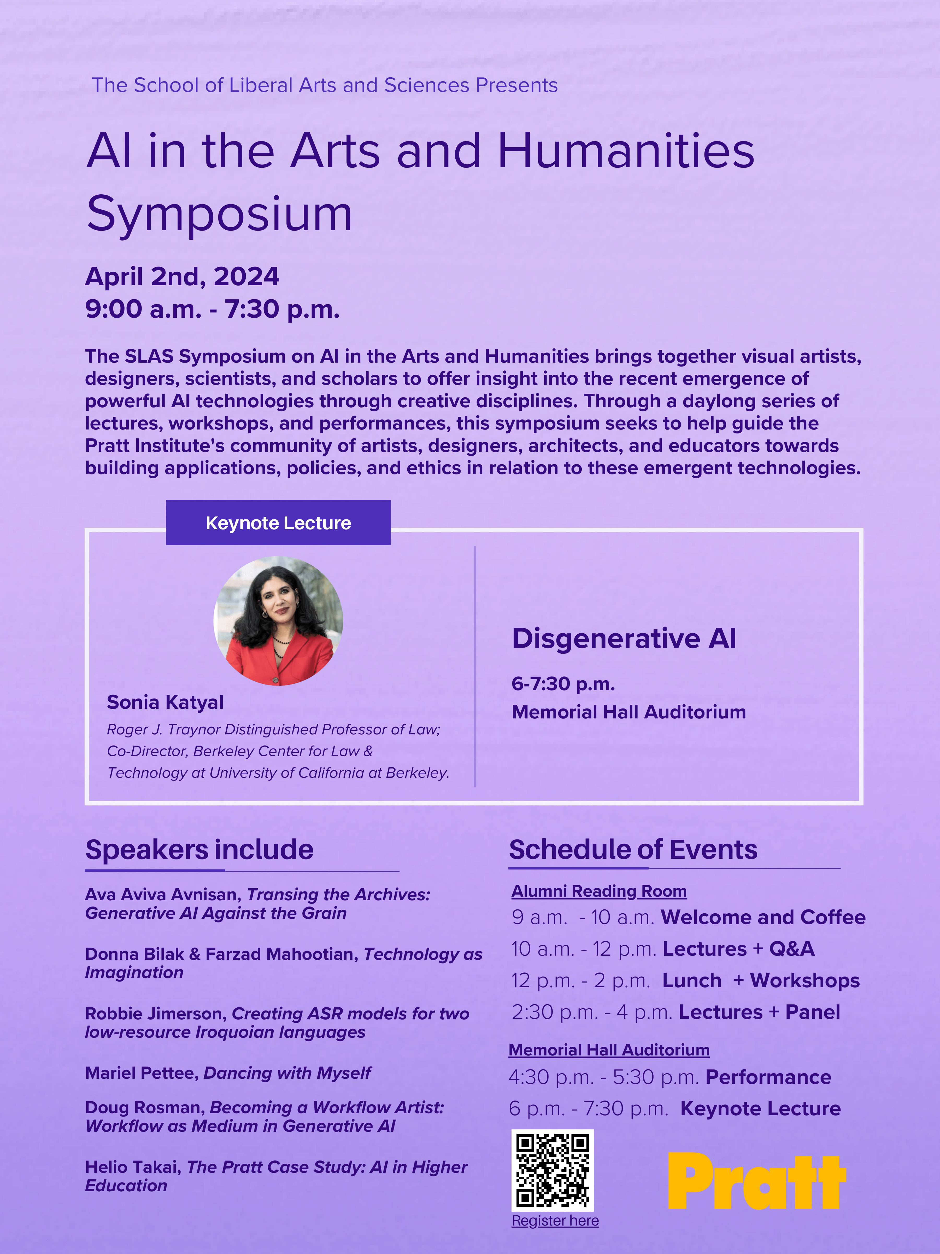 A rectangular, light-purple poster in portrait orientation with text advertising the SLAS AI in Arts and Humanities Symposium. Halfway down the page, below the title and a summary of the symposium, is a rectangular box with a circular portait of the keynote speaker, Sonia Katyal, and the title of her keynote address: 
