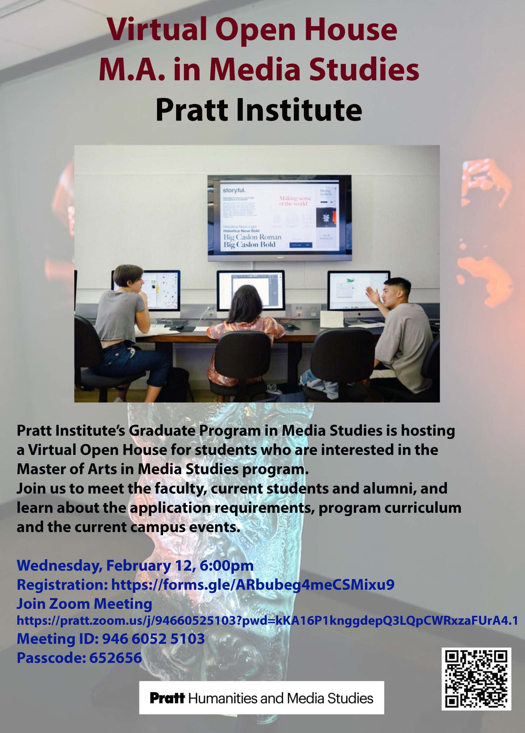 Event poster with an image of 3 students discussing in a computer lab.