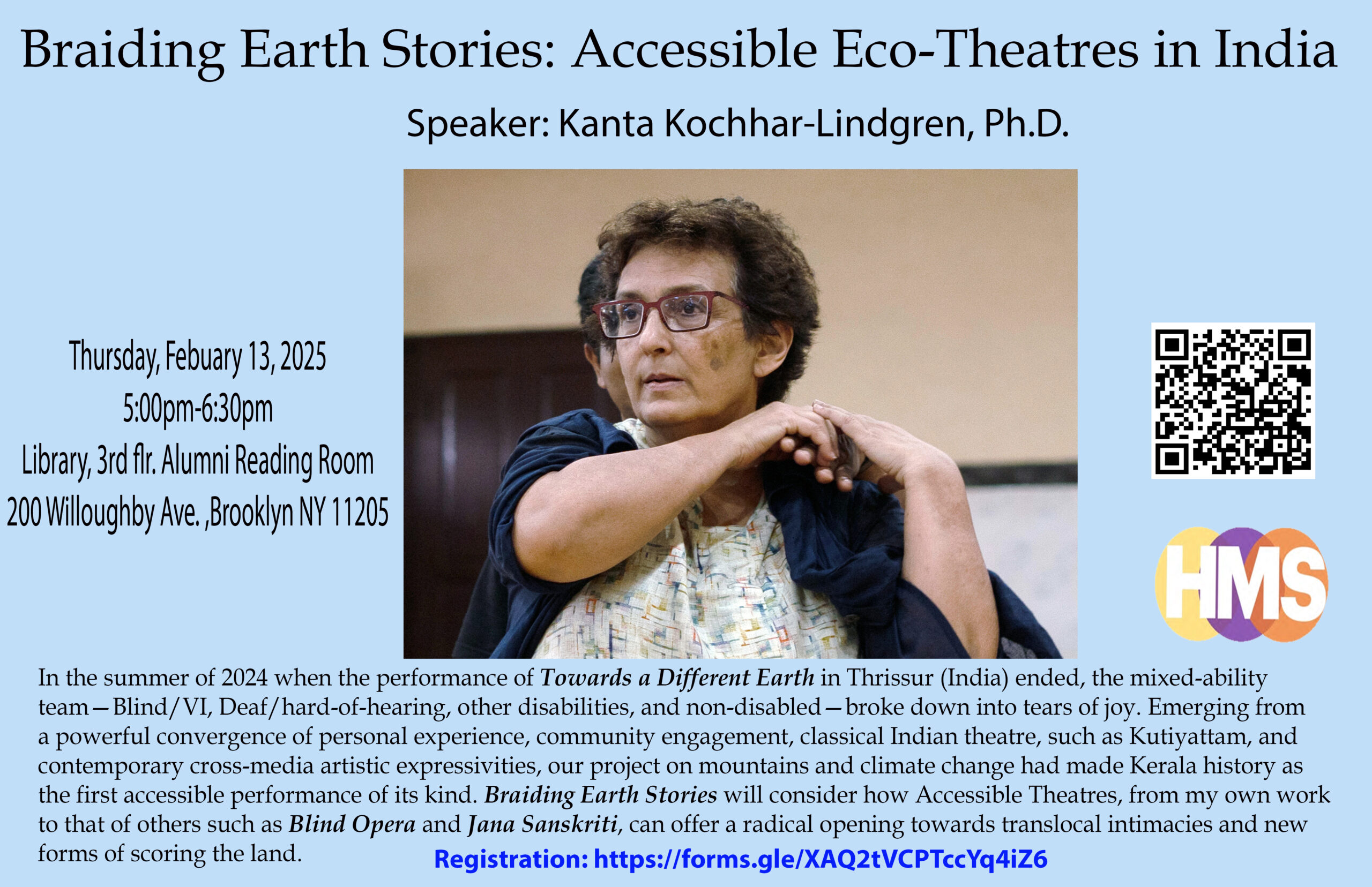 Event poster with event details and an image of the speaker - Kanta Kochhar-Lindgren.