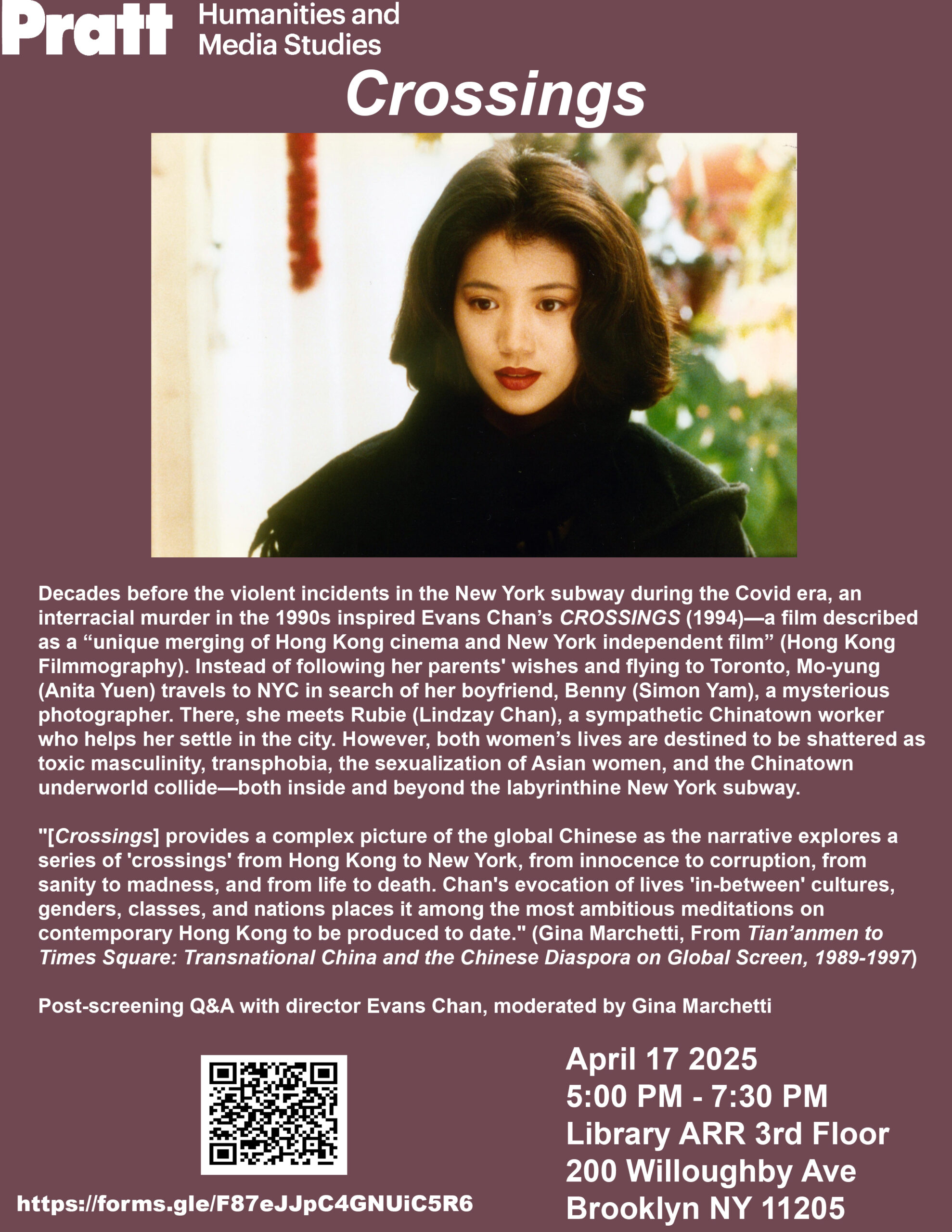 Event poster, with a still from the movie 'Crossings' and a description of the movie and event.