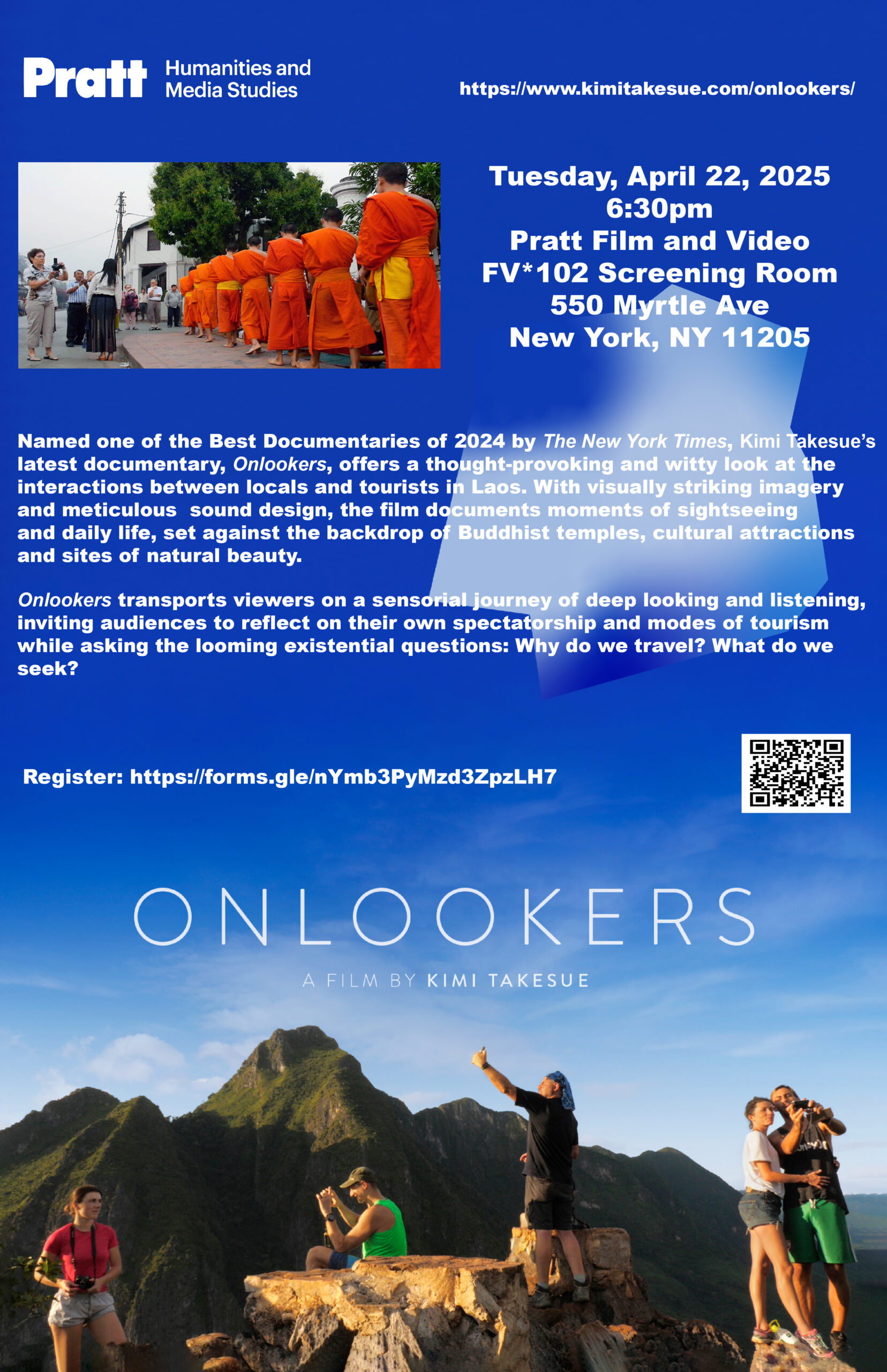 Event poster with event details, and the background image is a poster of the documentary titled 'Onlookers' with a few groups of people taking selfies on a cliff.