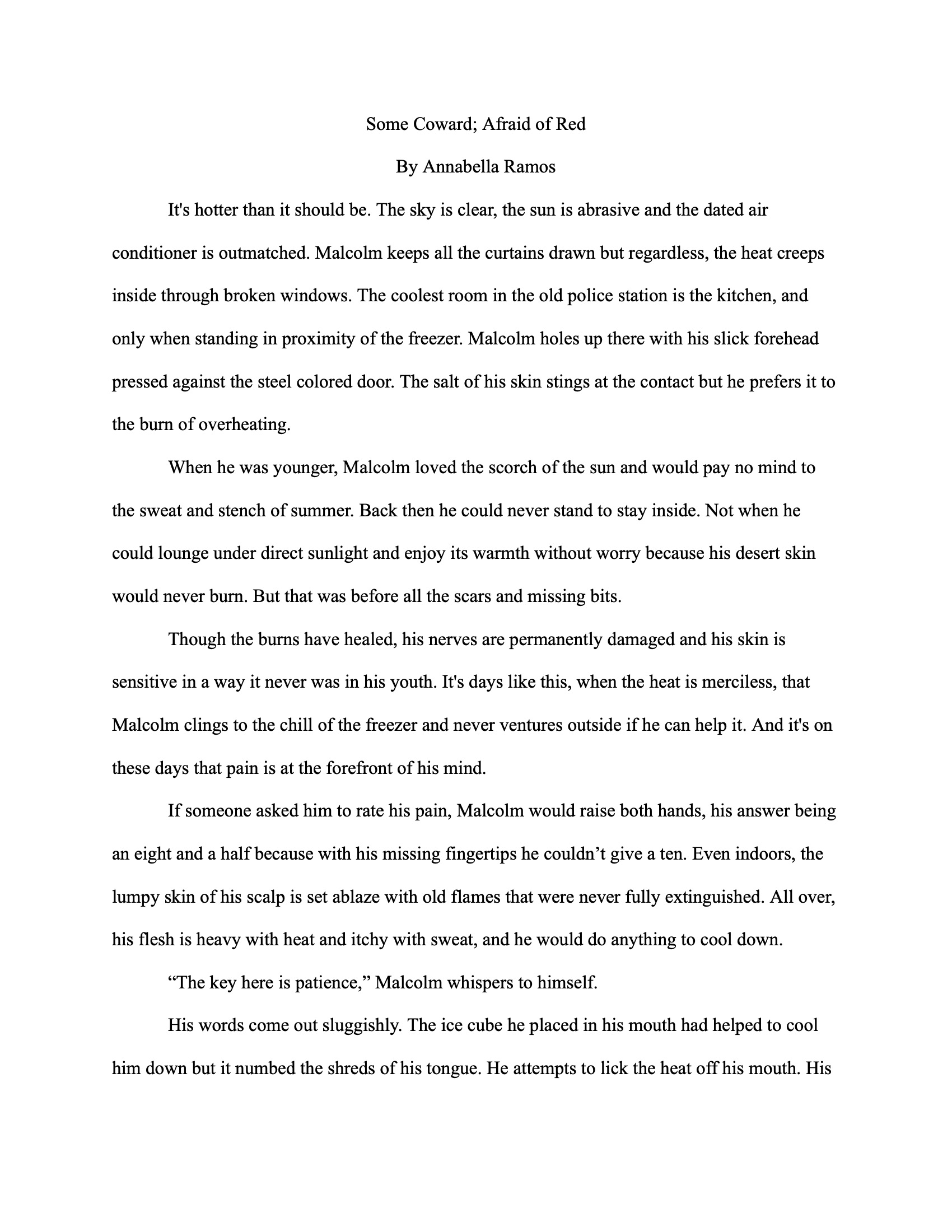 A story excerpt describes a character named Malcolm enduring extreme heat in an old police station. He seeks refuge by standing next to a freezer, feeling the discomfort of his sunburned skin. Reflecting on his past love for sunlight, he now experiences painful sensitivity due to scars. As he struggles with the oppressive heat and his own physical limitations, he whispers about patience, finding temporary relief with an ice cube, despite its numbing effect on his tongue.