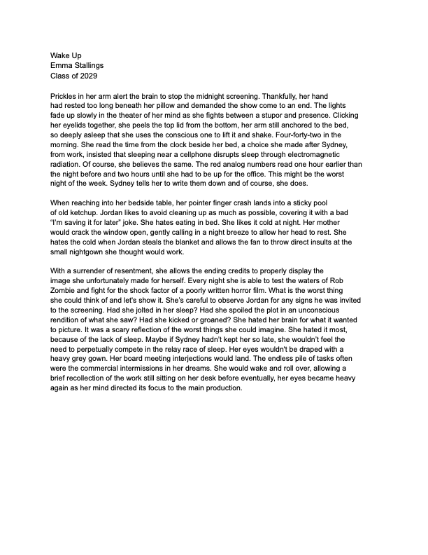 A single-page literary prose document on a white background titled “Wake Up,” with the author name Emma Stallings and “Class of 2029” at the top, followed by several paragraphs of left-aligned serif text describing insomnia, late-night screen use, fatigue, and restless thoughts in a minimalist, unillustrated layout.