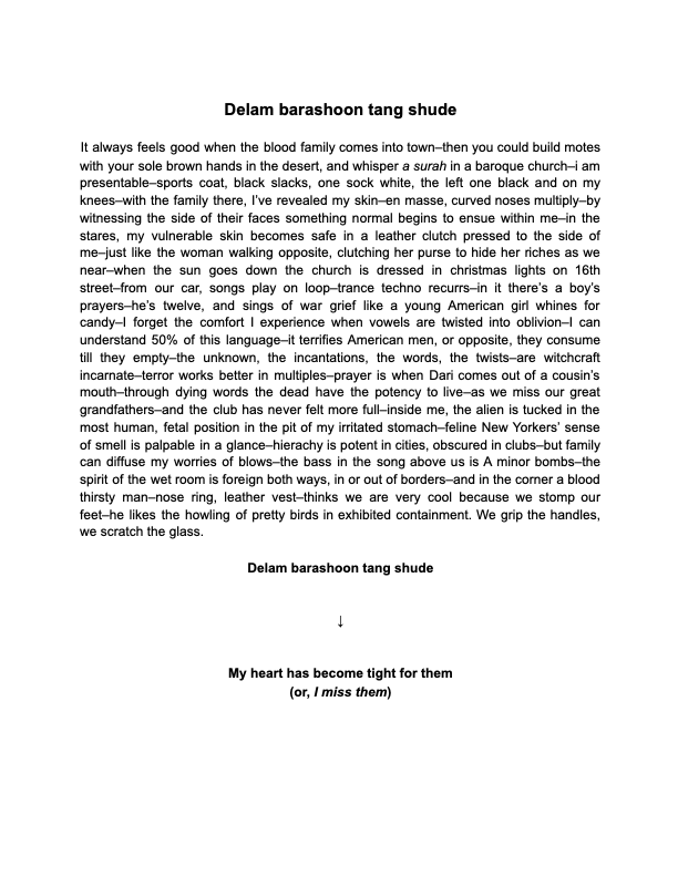 A text document featuring two poems. The first poem, "Delam barashoon tang shude," explores themes of family, cultural dislocation, and the intersection of emotions in urban life. The second poem, "My heart has become tight for them (or, I miss them)," conveys feelings of longing and connection. Both pieces reflect on identity, memory, and the complexity of human relationships through vivid imagery and metaphor.