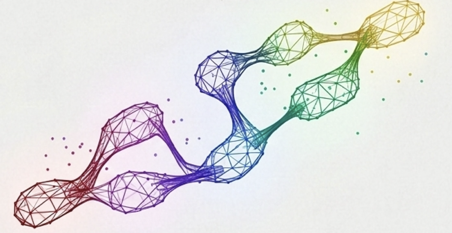 Abstract digital graphic of connected geometric nodes forming an organic chain-like structure. The wireframe shapes are linked by thin lines and transition in color from red and purple on the left to blue, green, and yellow on the right. Small colored dots are scattered around the form against a light background.