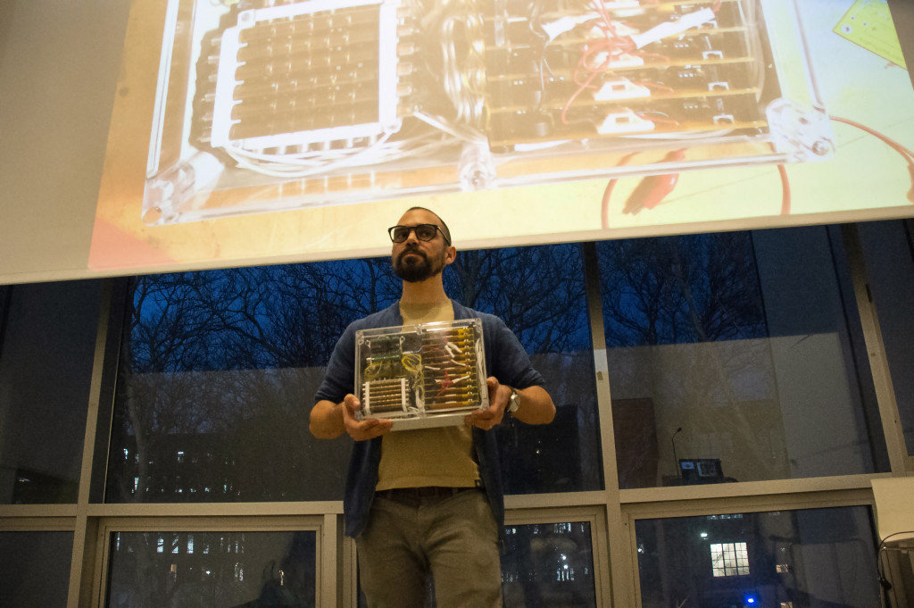 The artist Joe Morris giving talk about the technology in the at work