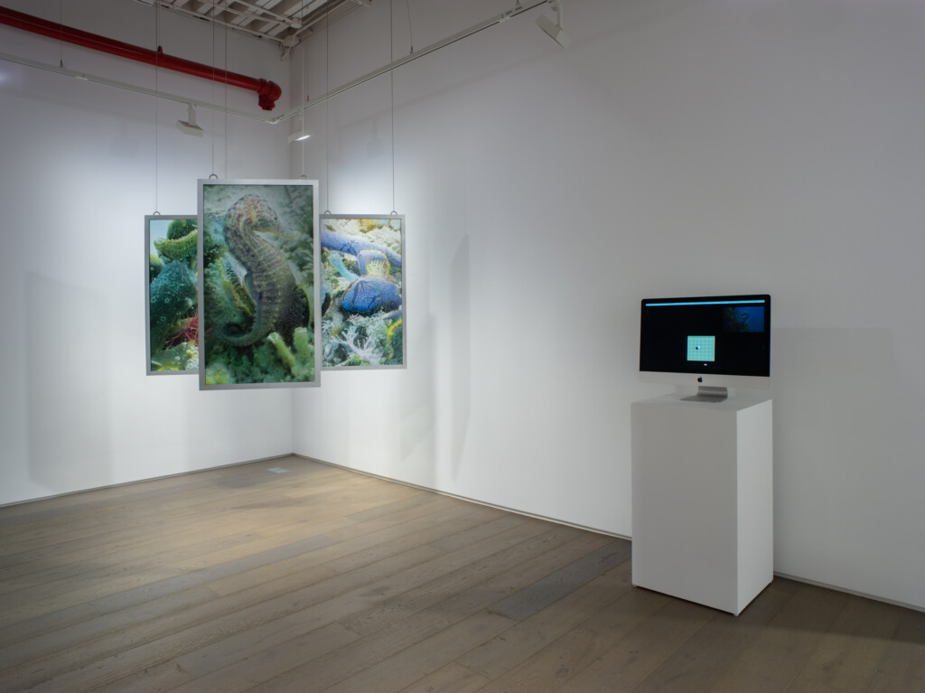 a large gallery room from another angle, with artworks that include paintings, video monitors, and installations, with white walls and a wooden floor
