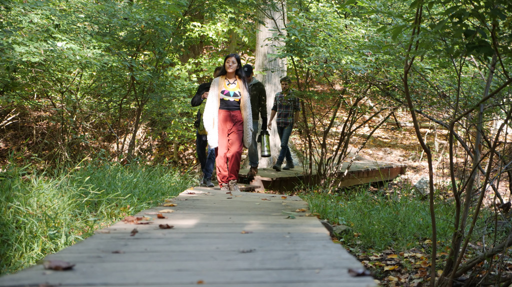 woman standing in forest, standing on wooden walkway, wearing costume