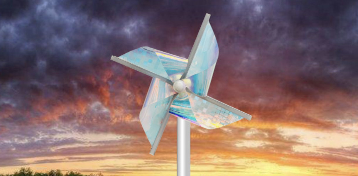 Rendering of a windmill, against a clouds in a sunset