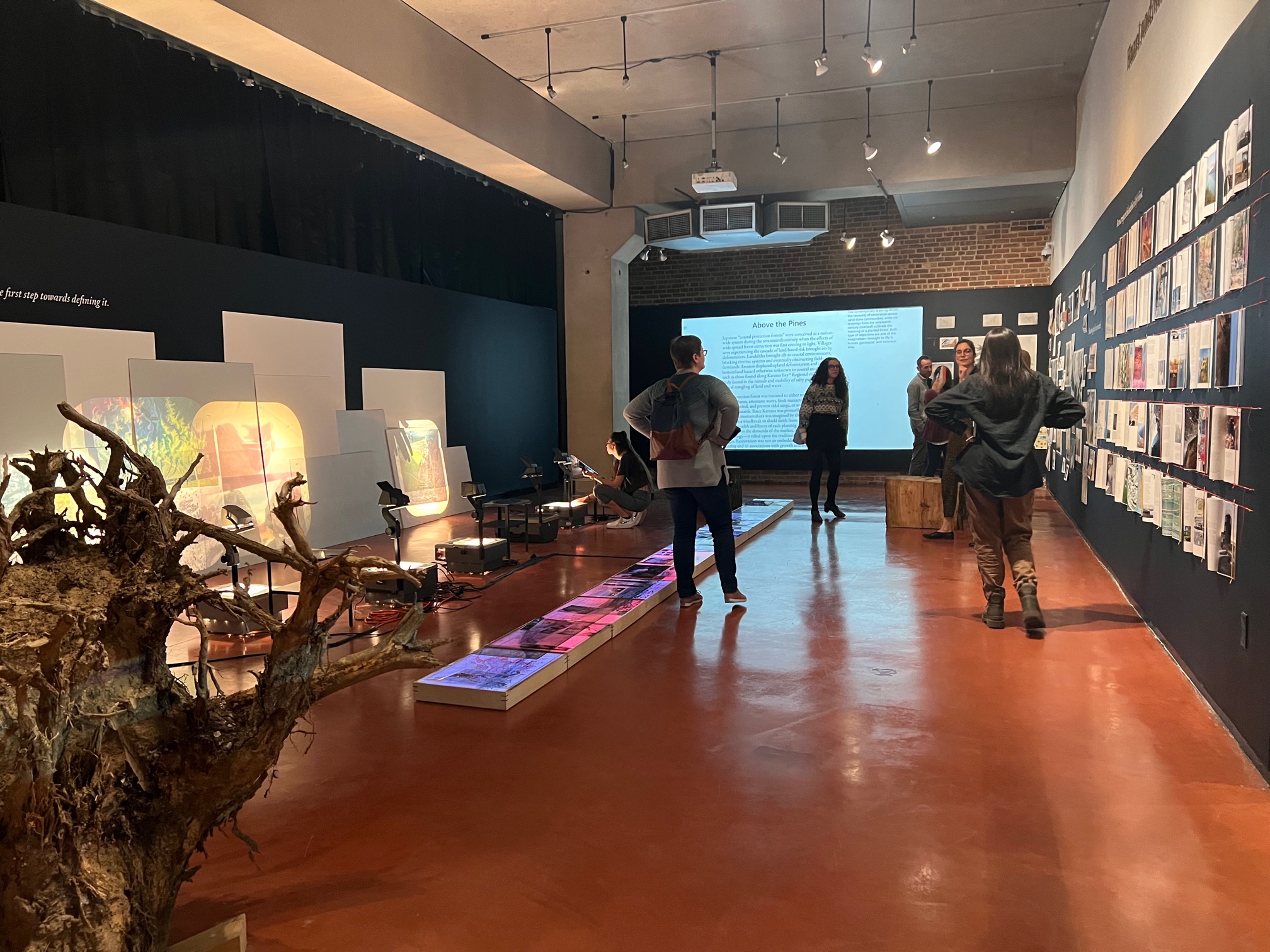 people walking around a gallery with multimedia art