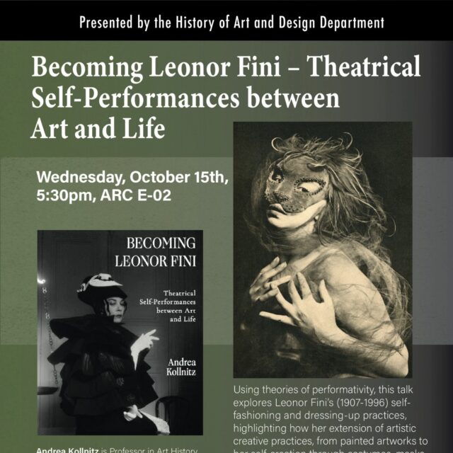 You are invited to “Becoming Leonor Fini – Theatrical Self-Performances between Art and Life,” by Andrea Kollnitz.

* This event is for Pratt community only.
Date: Wednesday, October 15, 2025
Time: 5:30 pm
Venue: ARC E-02

About the Project: Using theories of performativity, this talk explores Leonor Fini’s (1907-1996) self-fashioning and dressing-up practices, highlighting how her extension of artistic creative practices, from painted artworks to her self-creation through costumes, masks and fashion, allowed her to become a living artwork. Fini’s personal theatricality, photographic self-portraits and self-transformative, genderbending, transgressive dressing-up games in relation to surrealist practices, reveal the hybrid identities that made up Fini’s character. Here, the artist’s self-fashioning must be understood as a substantial creative practice developing and confirming artistic and personal autonomy and pointing to an extended concept of art where creation and self-creation powerfully enable each other.

About the Speaker: Andrea Kollnitz is Professor in Art History and Head of the Art History Department at the Department of Culture and Aesthetics at Stockholm University. Her research focuses on the self-fashioning of avant-garde artists; art and nationalism; the Nordic avant-garde from transnational perspectives. Kollnitz is co-editor of the books "Fashion and Modernism" (Bloomsbury 2018), "A Cultural History of the Avant-Garde in the Nordic Countries, vol 2: 1925-1950" (Brill, 2019), "Fashion, Performance & Performativity" (Bloomsbury, 2021), and "Fashion Aesthetics and Ethics" (Bloomsbury, 2023). She is currently leading a research project on Surrealism in Sweden and recently published "Becoming Leonor Fini: Theatrical Self-Performances between Art and Life" (Bloomsbury, 2025).

 #historyofart #pratt #arthistory #artanddesign