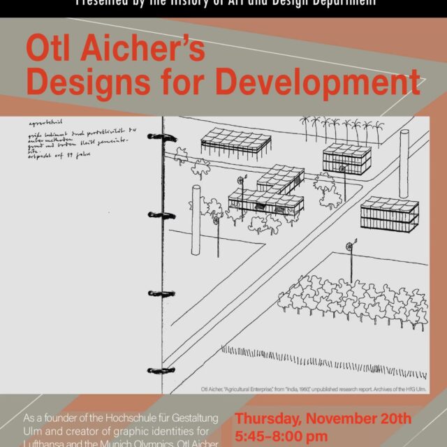 You are invited to "Otl Aicher’s Designs for Development," by Eric Anderson.

Date: Thursday, November 20th
Time: 5:45pm
Venue: Alumni Reading Room

About the Project: As a founder of the Hochschule für Gestaltung Ulm and creator of graphic identities for Lufthansa and the Munich Olympics, Otl Aicher has been celebrated for his role in establishing modern design as a pillar of post-Nazi West German culture. This talk examines a different and little-known facet of Aicher’s career, his contribution to the globally emergent field of design for development. Traveling to India in 1960, Aicher made design proposals to support economic and social programs in the newly independent nation. Examining Aicher’s unpublished travel reports, held today in the HfG Archives, the talk considers the designer’s work in India in relation to the Ulm School’s influential systems-design method, Third World politics, and postcolonial debates on development. 

About the Speaker: Eric Anderson is Professor and Chair of the Theory and History of Art and Design department at Rhode Island School of Design. A historian of modern design, his research interests include interiors and domesticity, exhibitions and media, the cultural history of Vienna and psychoanalysis, and the global history of modernism. He recently completed a manuscript titled The Chromatic Unconscious, on Sigmund Freud and Viennese design before 1900, and is currently beginning a new project, Ulm in the World, on the West German school’s transnational networks, development pedagogy, and geopolitical engagements in the 1960s.