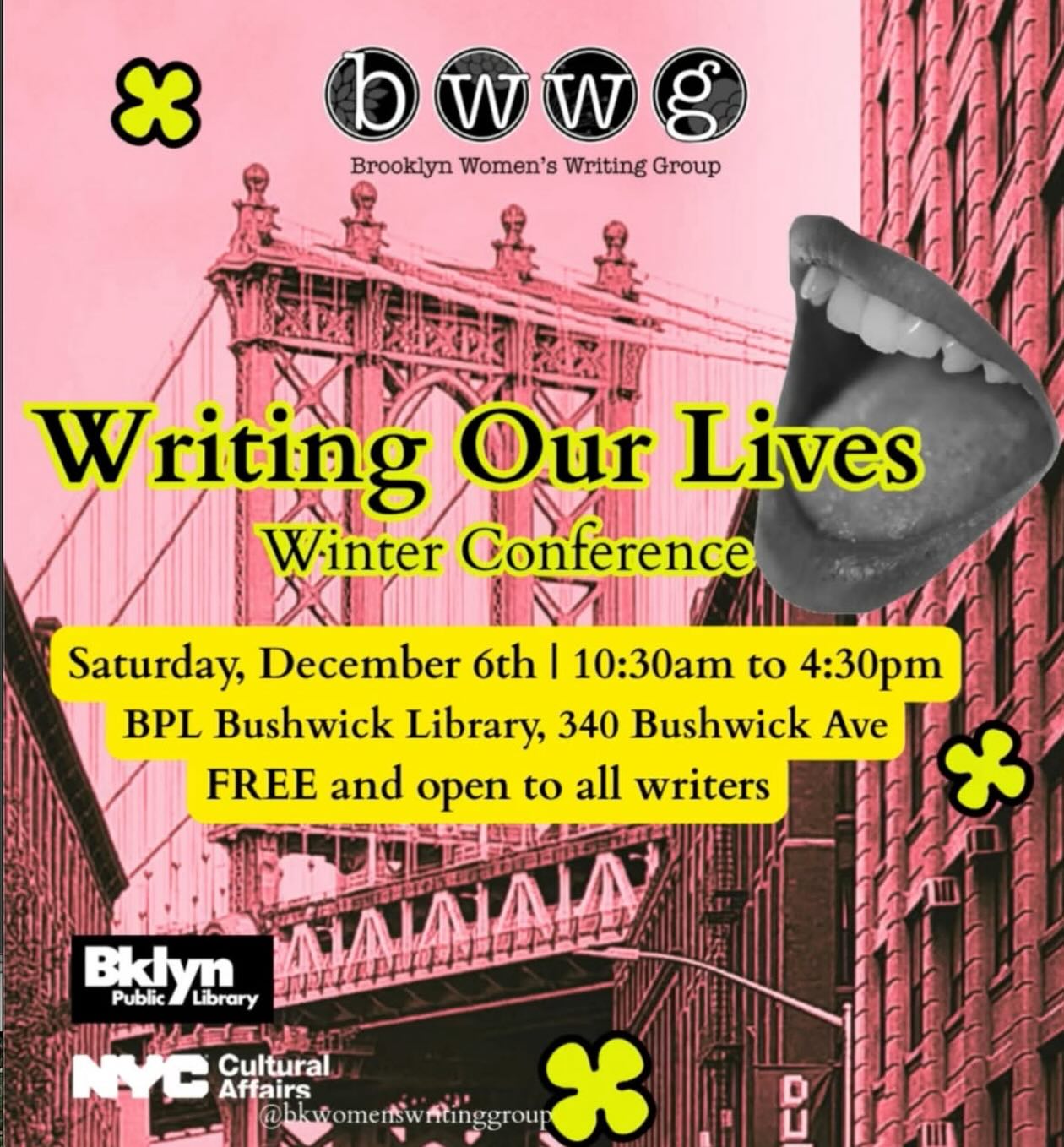 Join MFA alumna Irene Lee for @bkwomenswritinggroup’s first conference on Saturday, December 6th! Here’s the info:
“Brooklyn Women’s Writing Group will be hosting a free and open to the public conference at Bushwick Public Library on December 6th from 10:30am - 4:30pm with the aim of bringing together our writing community. The goal of the conference is to provide insight on both the craft and industry of writing, and to give writers a space to gather and create.
You are welcome to join us for one part of the event, but you are encouraged to stay for the day. We will have two panels for the entire group in the morning with themes that include writing one’s life and working with archives, as well as a panel on publishing options that will work best for your project.
After lunch there will be three workshops:
Sell Your Novel - Finding the beauty in forging that shimmering pitch for agents and publishers
Editing with Intention - Best practices for editing novels, and having fun doing it.
Unearthing the Generative - a generative writing workshop
Generative Writing - A guided prompted session using the books in the library to help you develop your simmering ideas or spark new ones.
The day will wrap up with an open mic, and a chance to socialize with authors and make connections with one another. We can’t wait to see you there!”