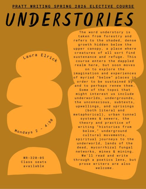Another spring course spotlight - seats are available!
The word understory is taken from forestry and refers to the shaded, dense growth hidden below the upper canopy, a place where creatures of all sort find sustenance and refuge. This course enters the dappled realm here, but soon moves on to explore the
imagination and experiences of myriad “below” places in order to be sustained by and to perhaps renew them.
Some of the topoi that might interest us include underworlds, undergrounds, the unconscious, subtexts, upwellings, and uprisings (both literal and metaphorical), urban tunnel systems & sewers, the theory and practice of writing “histories from below, “ underground cultural movements,
spiritual journeys to the underworld, lands of the dead, mycorrhizal fungal networks, mines & mining.
We’ll read and write through a poetics lens, but prose writers are also welcome.