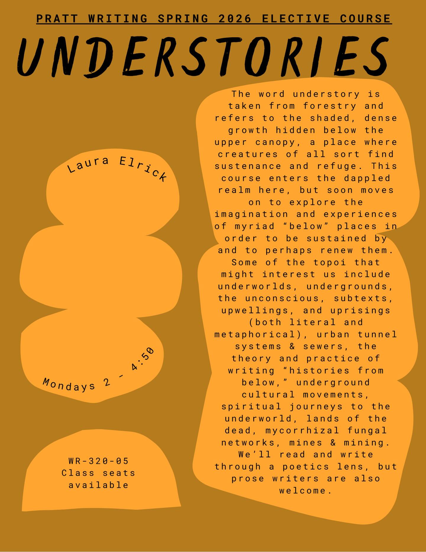 Another spring course spotlight - seats are available!
The word understory is taken from forestry and refers to the shaded, dense growth hidden below the upper canopy, a place where creatures of all sort find sustenance and refuge. This course enters the dappled realm here, but soon moves on to explore the
imagination and experiences of myriad “below” places in order to be sustained by and to perhaps renew them.
Some of the topoi that might interest us include underworlds, undergrounds, the unconscious, subtexts, upwellings, and uprisings (both literal and metaphorical), urban tunnel systems & sewers, the theory and practice of writing “histories from below, “ underground cultural movements,
spiritual journeys to the underworld, lands of the dead, mycorrhizal fungal networks, mines & mining.
We’ll read and write through a poetics lens, but prose writers are also welcome.