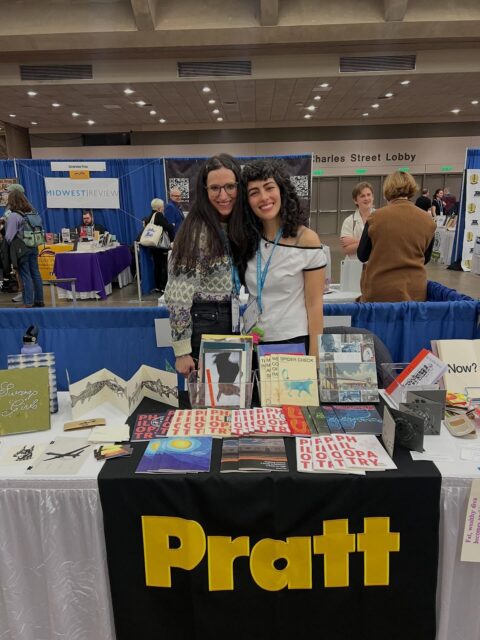 From March 4-7, a group of our second-year MFA candidates traveled to Baltimore, MD for the AWP Conference, joined by Assistant Chairperson of Writing and MFA Advisor Claire Donato.
We set up a table featuring a vibrant spread of Pratt publications—zines, literary journals, faculty books, and examples of book arts—and loved getting to share them with passersby throughout the conference, which serendipitously took place on Pratt Street!
It was a joy to represent our community and to spend time together by the Inner Harbor <3