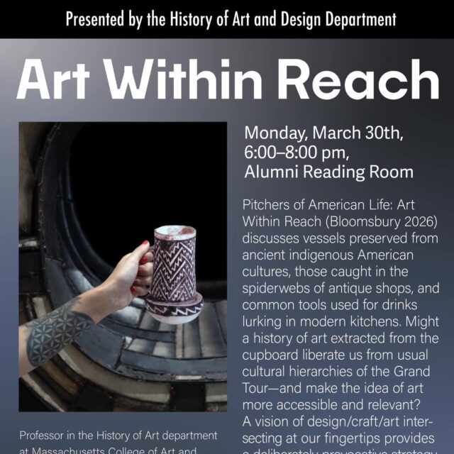 You are invited to "Art Within Reach," by Ezra Shales.

* This event is for Pratt community only.
Date: Monday, March 30th
Time: 6:00–8:00 pm
Venue: Alumni Reading Room

About the Project: Pitchers of American Life: Art Within Reach (Bloomsbury 2026) discusses vessels preserved from ancient indigenous American cultures, those caught in the spiderwebs of antique shops, and common tools used for drinks lurking in modern kitchens. Might a history of art extracted from the cupboard liberate us from usual cultural hierarchies of the Grand Tour—and make the idea of art more accessible and relevant? A vision of design/craft/art intersecting at our fingertips provides a deliberately provocative strategy to move beyond inherited limitations and prejudices.
The presentation will include 'show-and-touch' engagement with a selection from mass-produced goods. How does a design once on display at the London Crystal Palace in 1851 compare to one from our Plasticene era? 

About the Speaker: Professor in the History of Art department at Massachusetts College of Art and Design, Ezra Shales, Ph.D., is the author of The Shape of Craft (Reaktion, 2017) and Made in Newark: Cultivating Industrial Arts and Civic Identity in the Progressive Era (Rutgers University Press, 2010). He has contributed to exhibition catalogs for artists Polly Apfelbaum, Neil Brownsword, Kim Dickey, Shari Mendelson, and Dan Walsh and published in the Journal of Modern Craft and Journal of Design History.