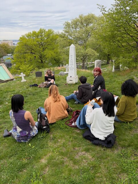 On Tuesday, April 28, Prof. Claire Donato’s Burnouts and Dropouts class took a field trip to The Green-Wood Cemetery, where we visited Sophie Calle’s extraordinary 25-year, site-specific installation, HERE LIE THE SECRETS OF THE VISITORS OF GREEN-WOOD CEMETERY. Calle, a conceptual artist, invites visitors to transcribe their most intimate secrets onto paper and lay them to rest in a grave designed by the artist.

Afterward, we spent time writing and exploring the grounds on our own, and then gathered in the Historic Chapel to experience El Cielo del Mar by Bony Ramírez—an immersive installation engaging loss and memory through sculpture, painting, and sound.

🕊️