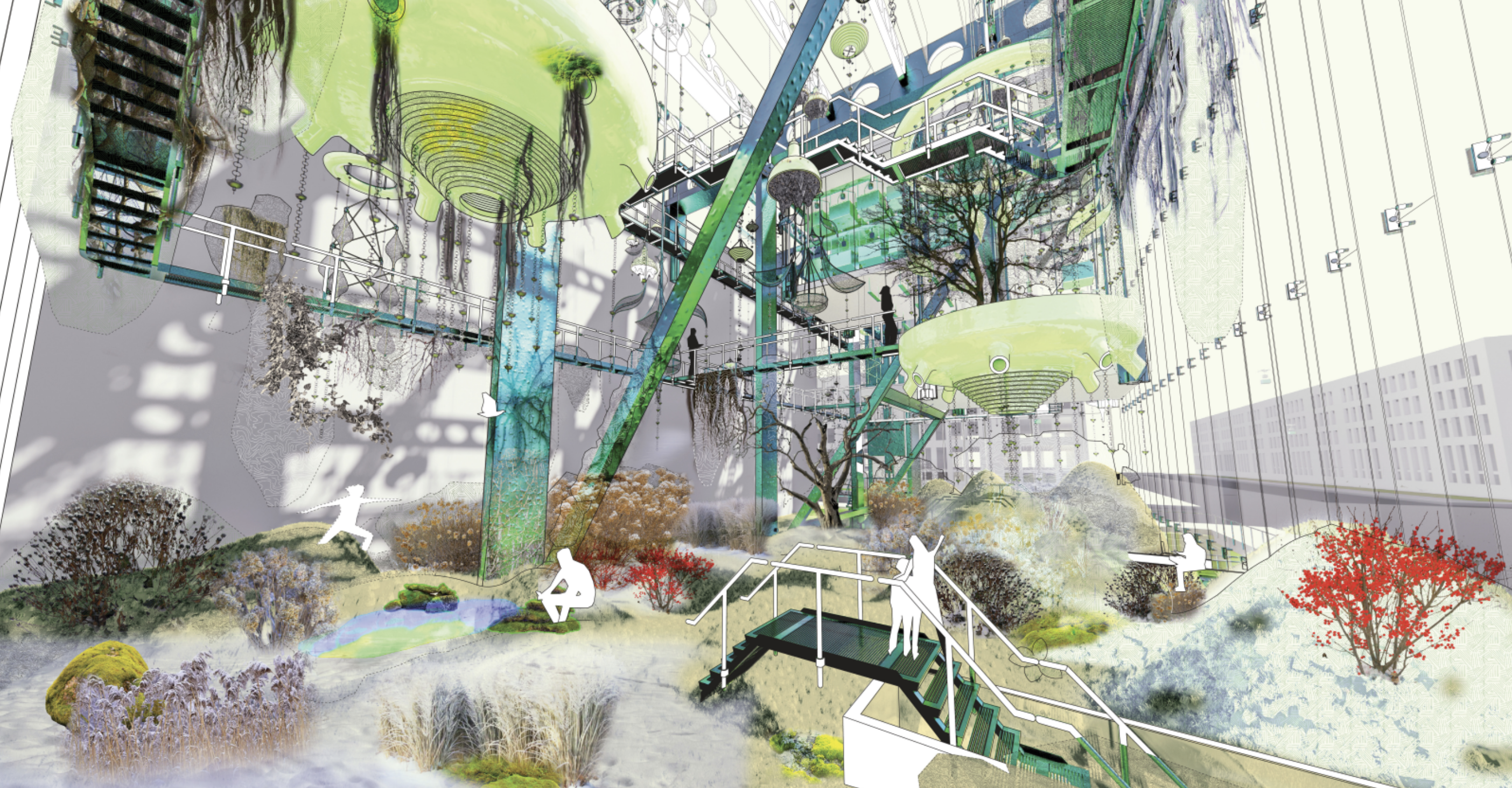 Rendering of architectural space with plants growing inside
