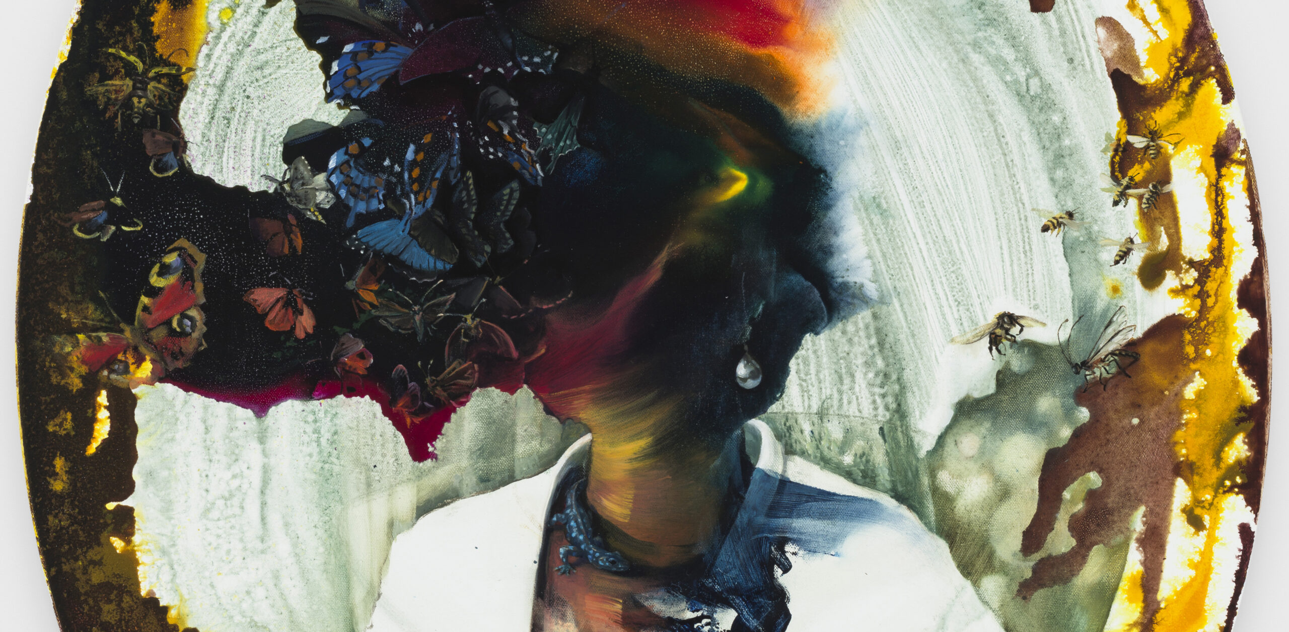 an abstract representation of a person with butterflies