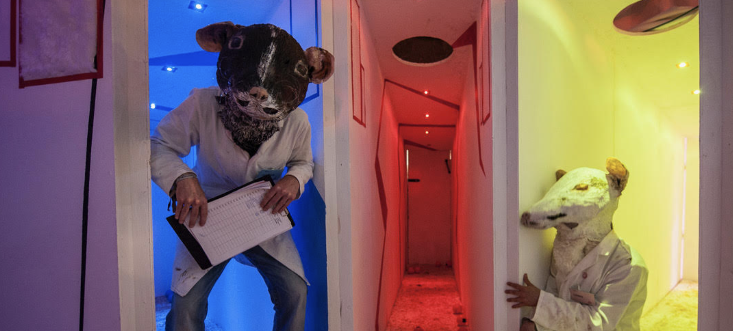 Two people dressed up as 'lab mice' in a colorful environment