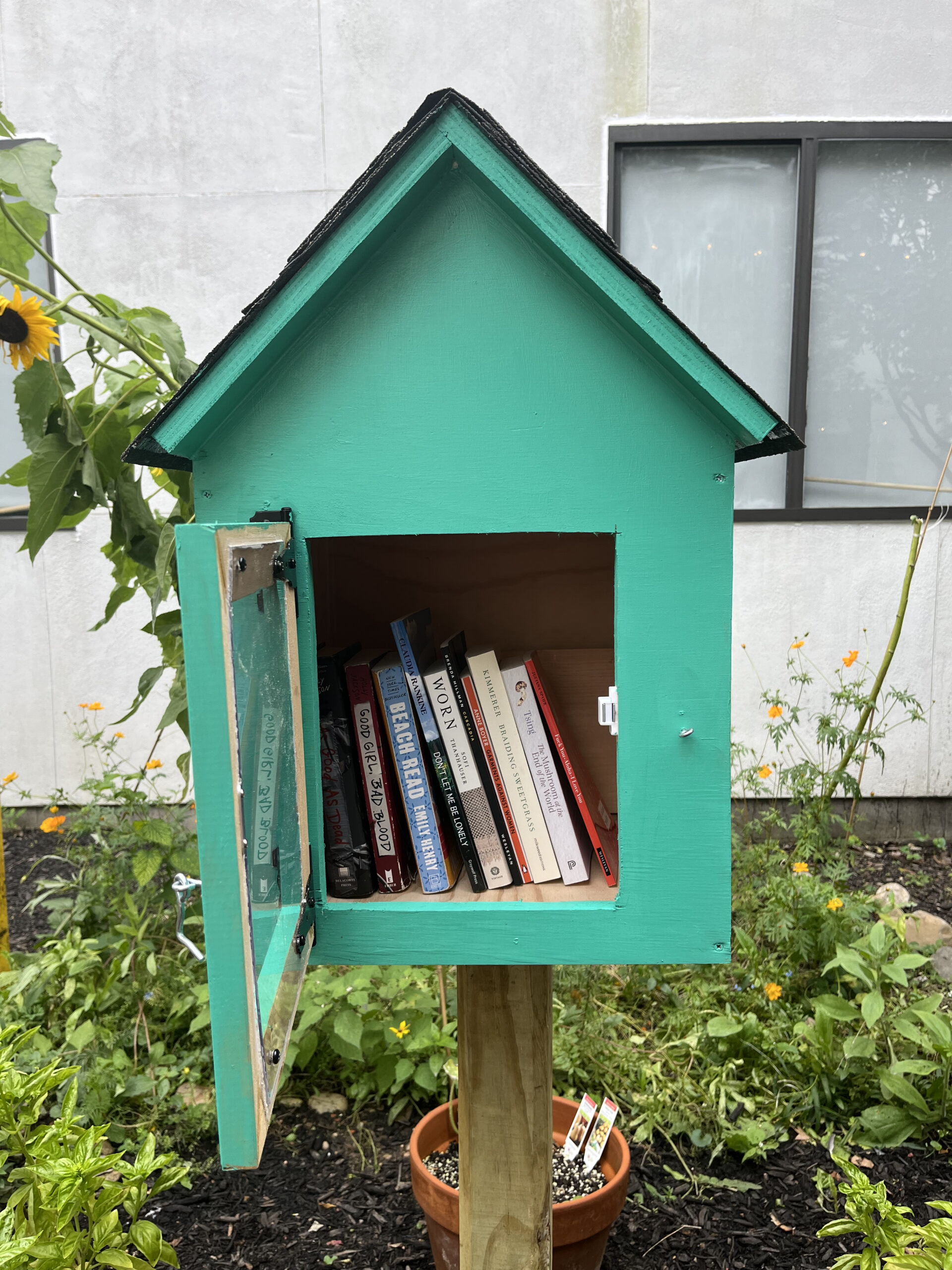A small green-painted wooden book-sharing box with a peaked roof stands in a garden, its door open to reveal a variety of books inside. Surrounding it are potted plants, flowers, and a building with a window in the background.