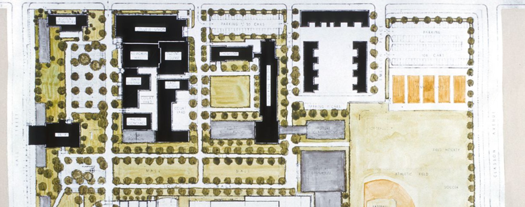 Architectural site plan illustration of a campus or institutional complex. The map includes rectangular building footprints shaded in black, green tree placements, open fields for athletics, parking areas, and pathways, all arranged in a grid-like layout.